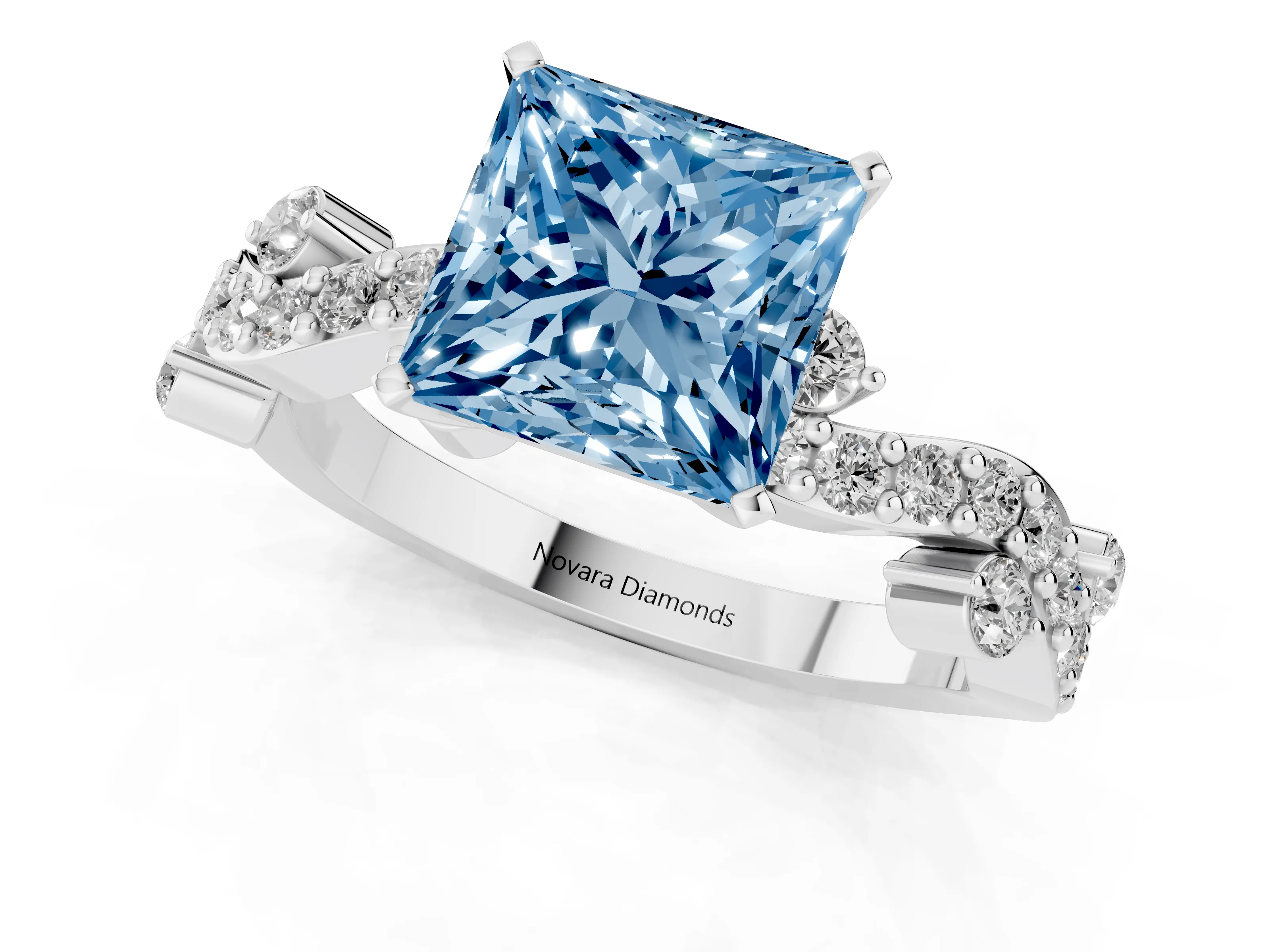 Fancy Blue Princess Cut Diamond Solitaire Twisted Band Set in Silver with Pavé Setting