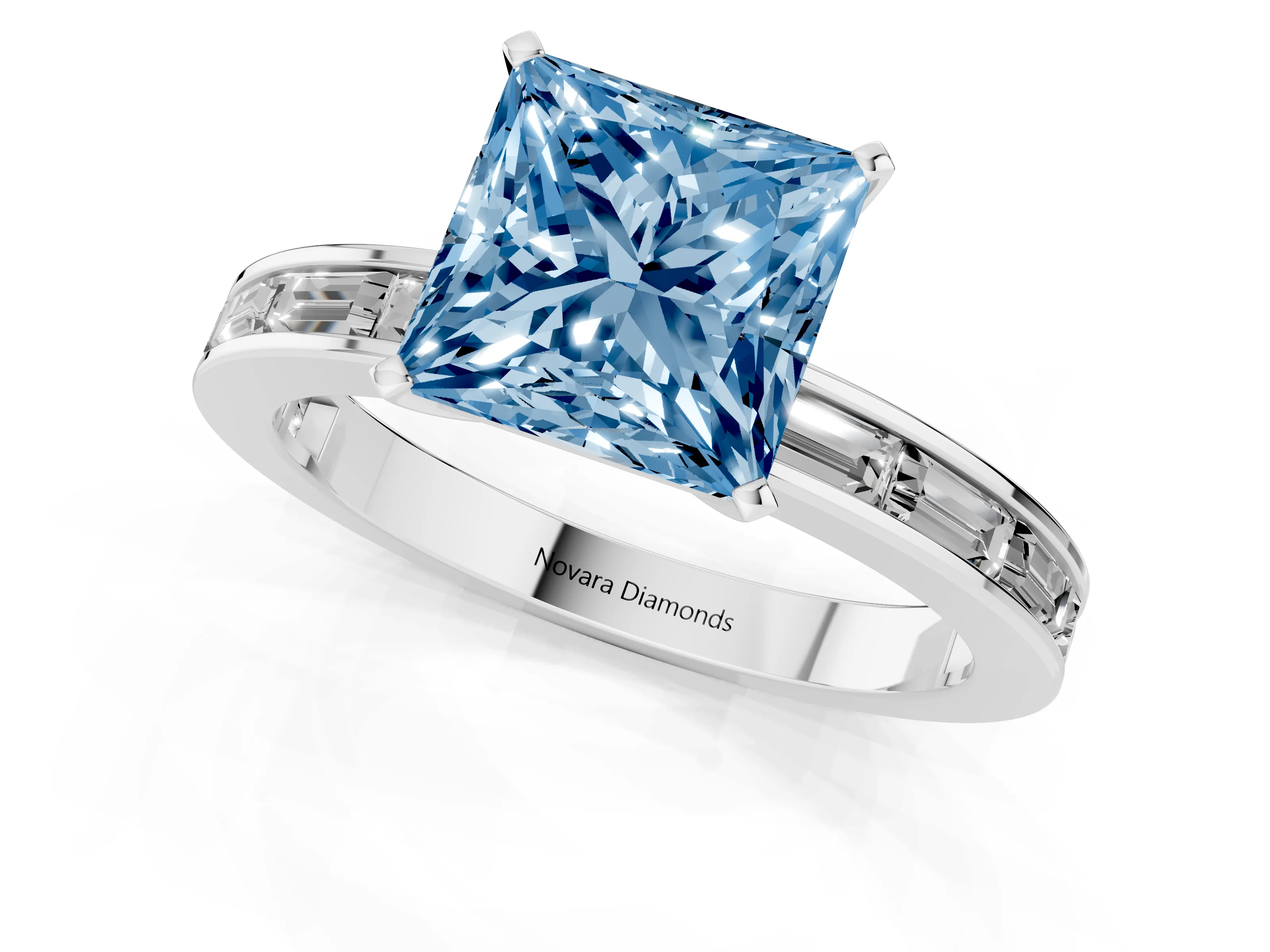 Fancy Blue Princess Cut Diamond Solitaire Ring Set in Platinum with Channel-Set Baguette Band and Prong Setting
