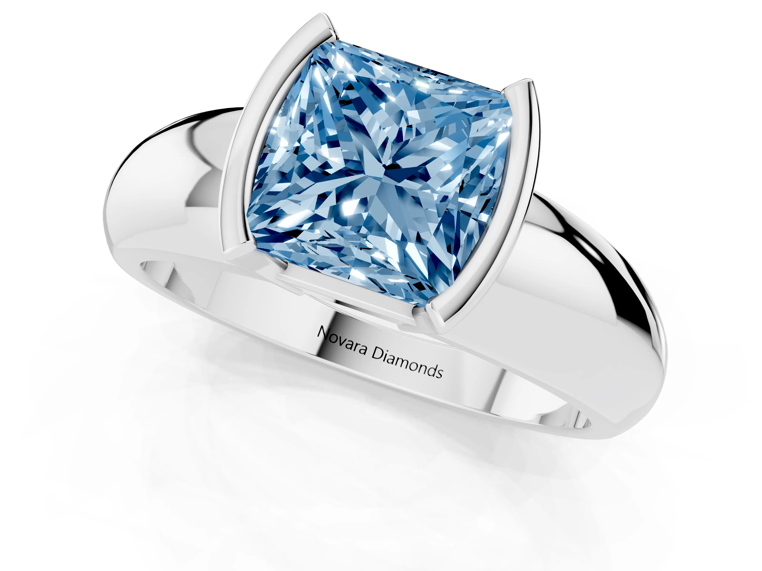 Fancy Blue Princess Cut Diamond Solitaire Tension Set Ring Set in White gold with Wide Band