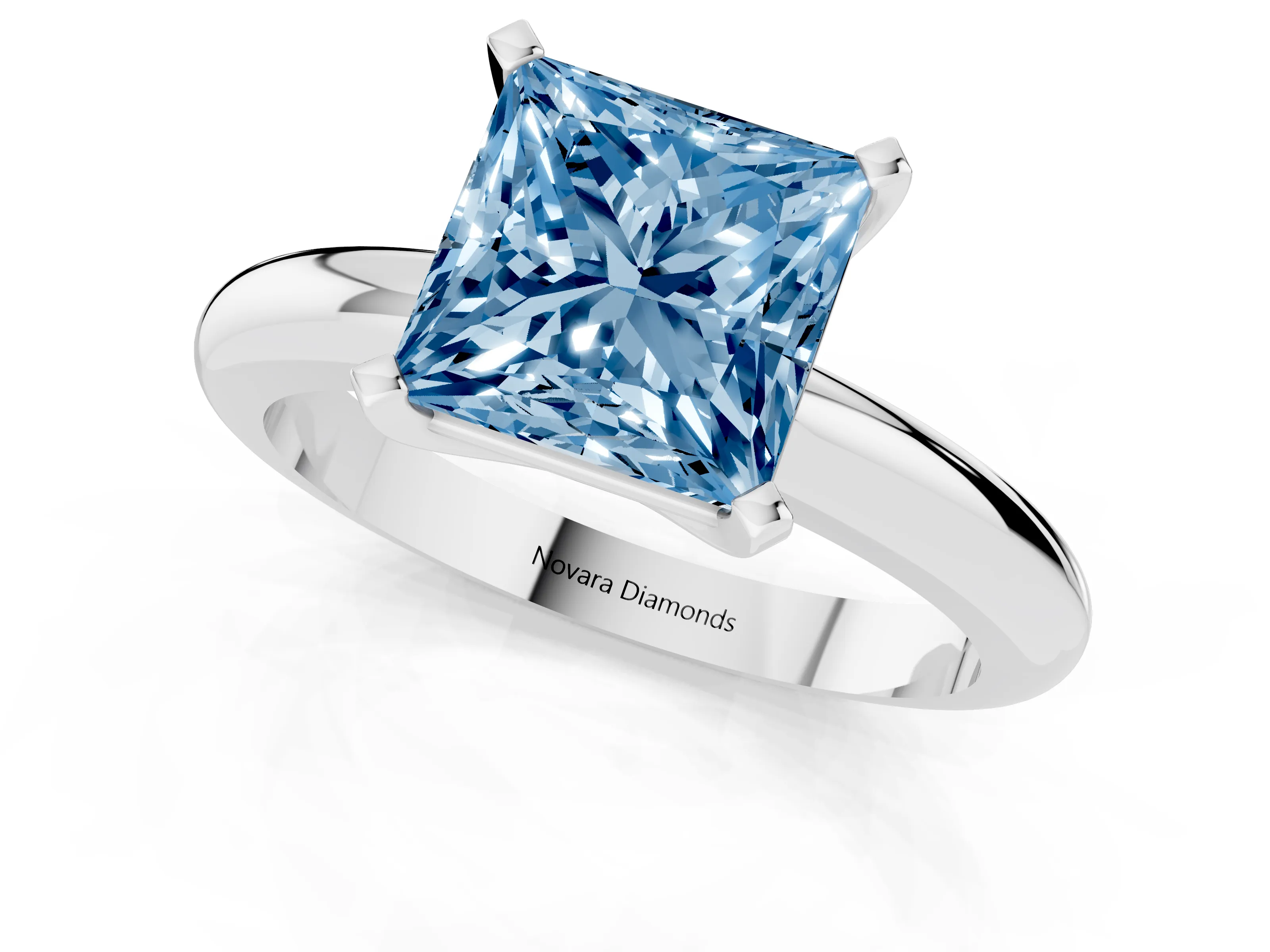 Fancy Blue Princess Cut Diamond Solitaire Engagement Ring Set in Silver with Round Band and Prong Setting