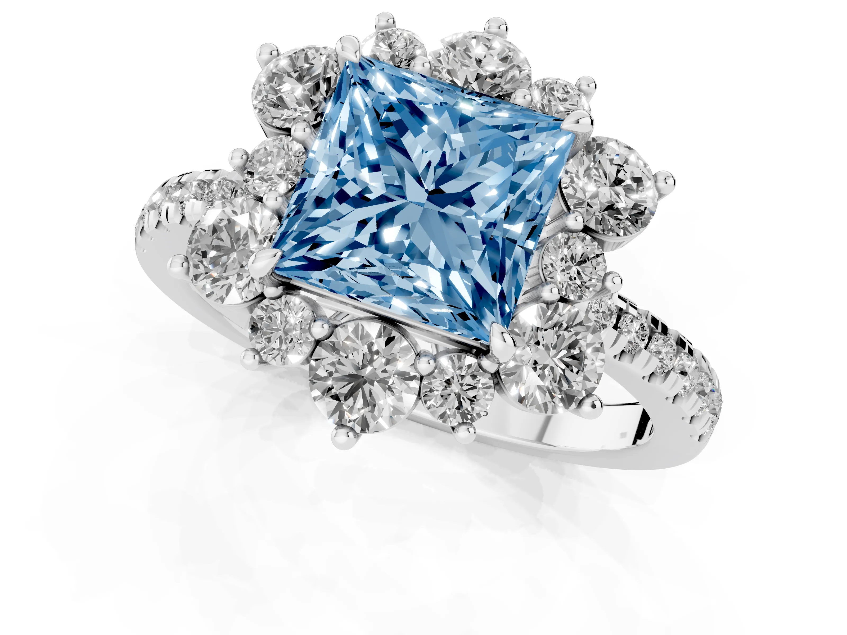 Fancy Blue Princess Cut Diamond Floral Halo Ring Set in White gold with Round Pavé Band and Prong Setting