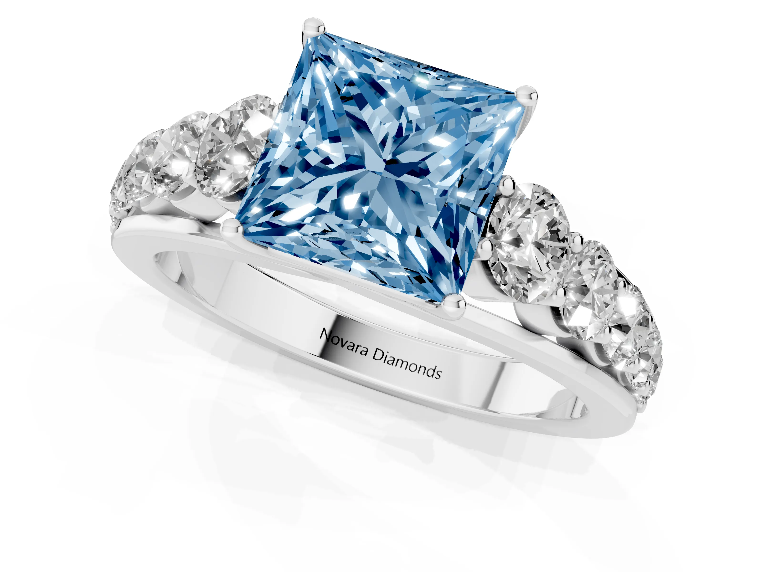 Fancy Blue Princess Cut Diamond Solitaire Ring Set in Platinum with Pavé-Set Band and Prong Setting