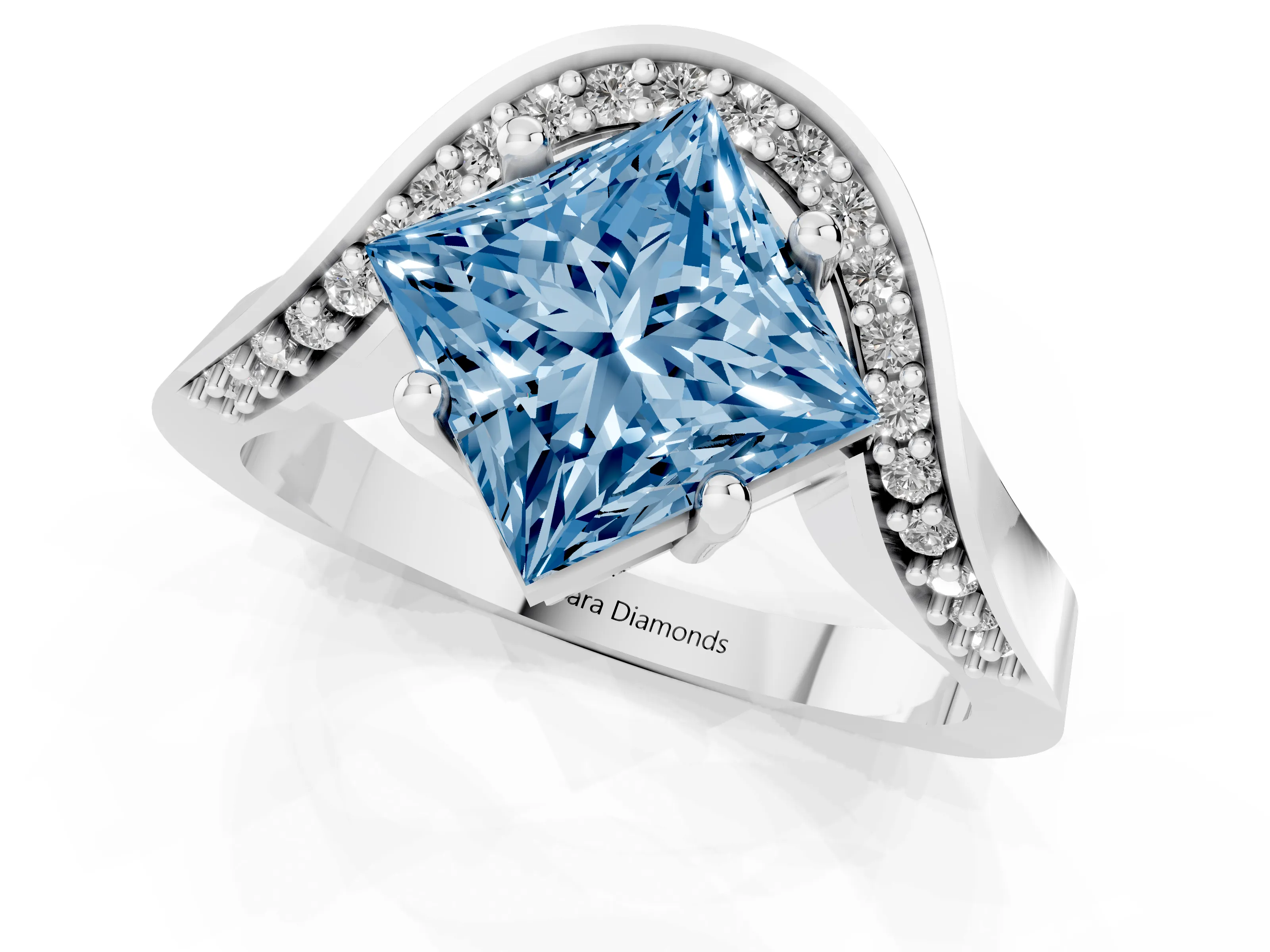 Fancy Blue Princess Cut Diamond Solitaire Engagement Ring Set in Platinum with Pavé Shoulders