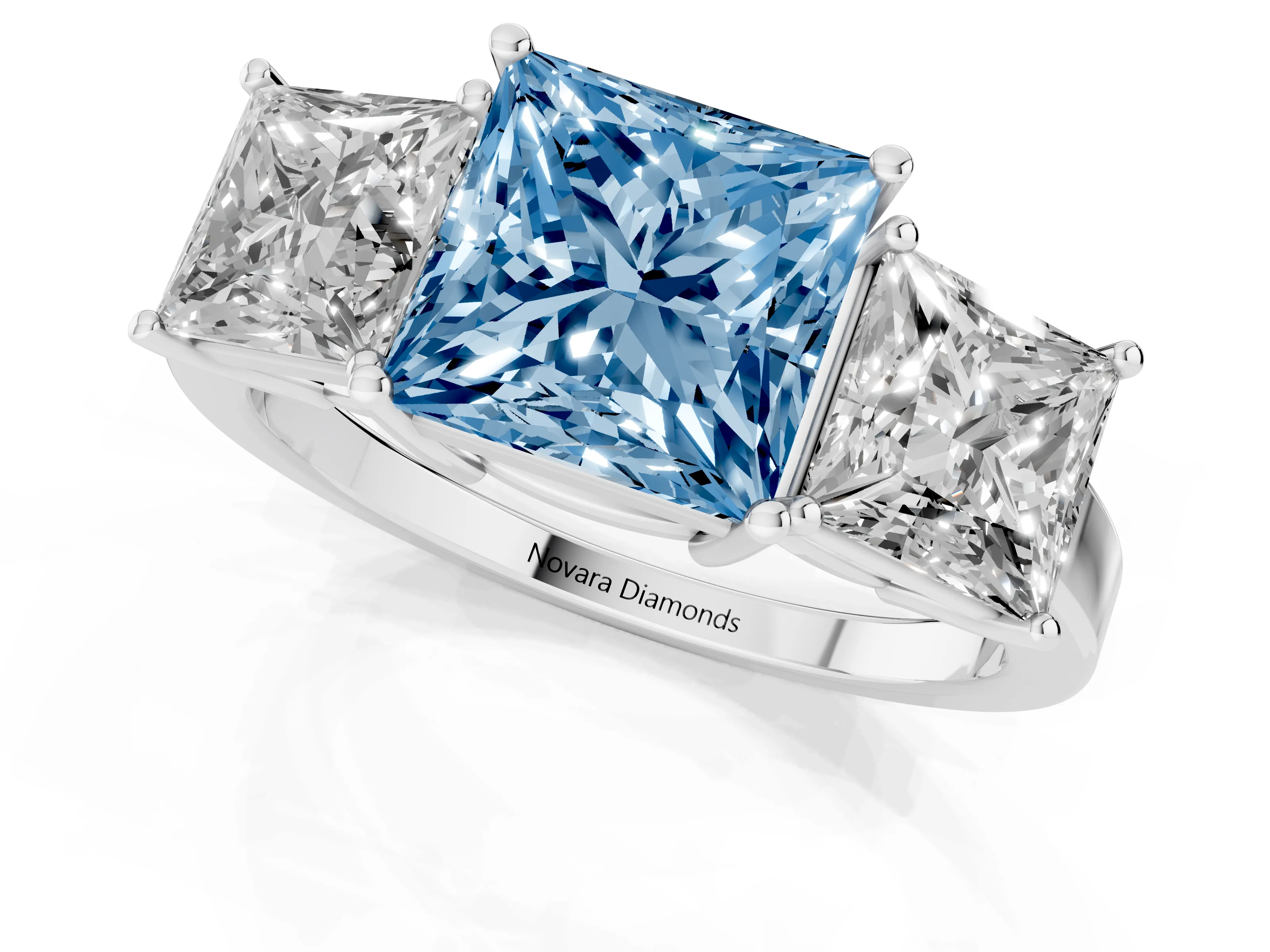 Fancy Blue Princess Cut Diamond Three-Stone Engagement Ring Set in Silver with Flat Band
