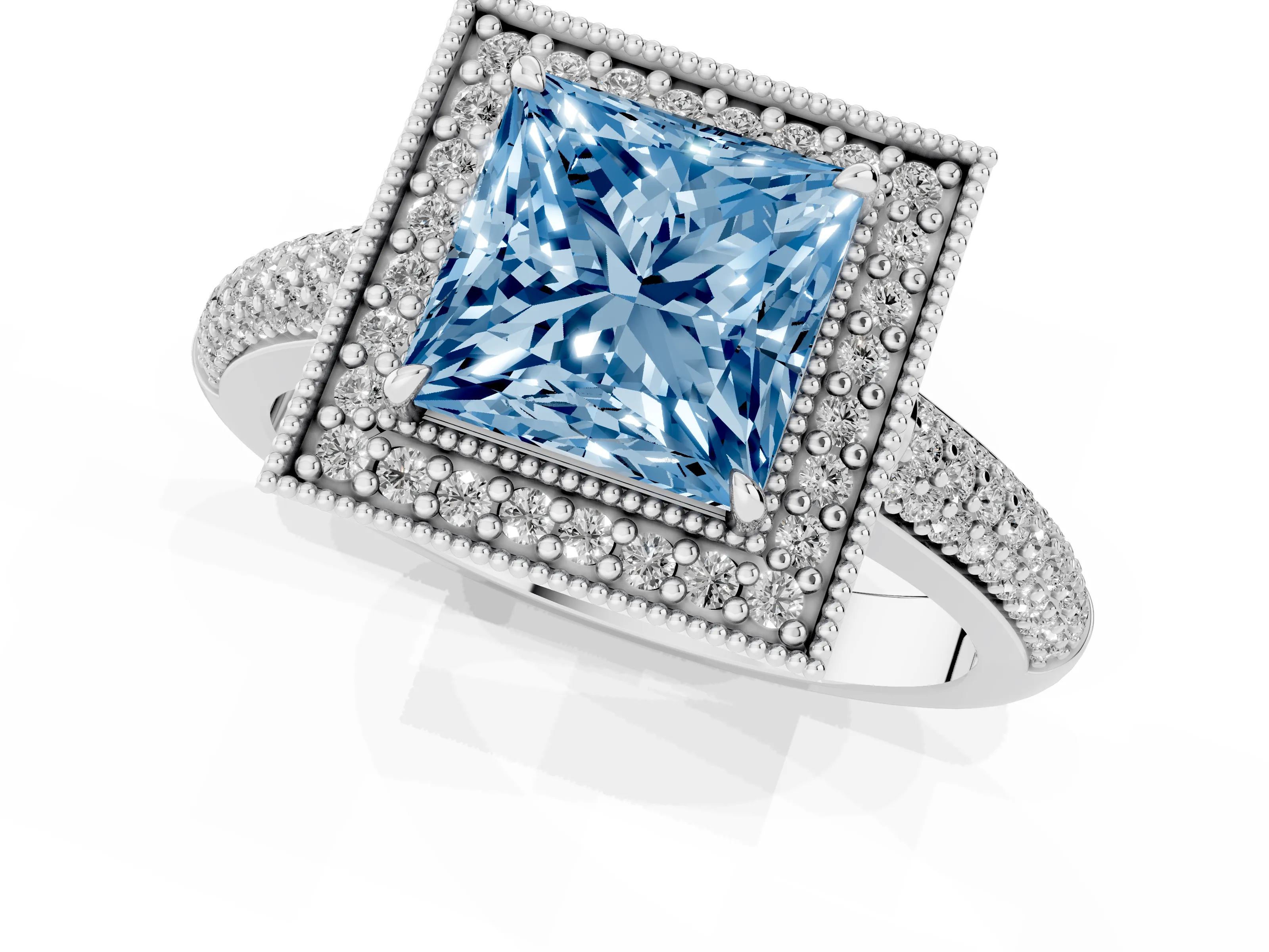 Fancy Blue Princess Cut Diamond Halo Pavé Band Set in White gold with Prong Setting
