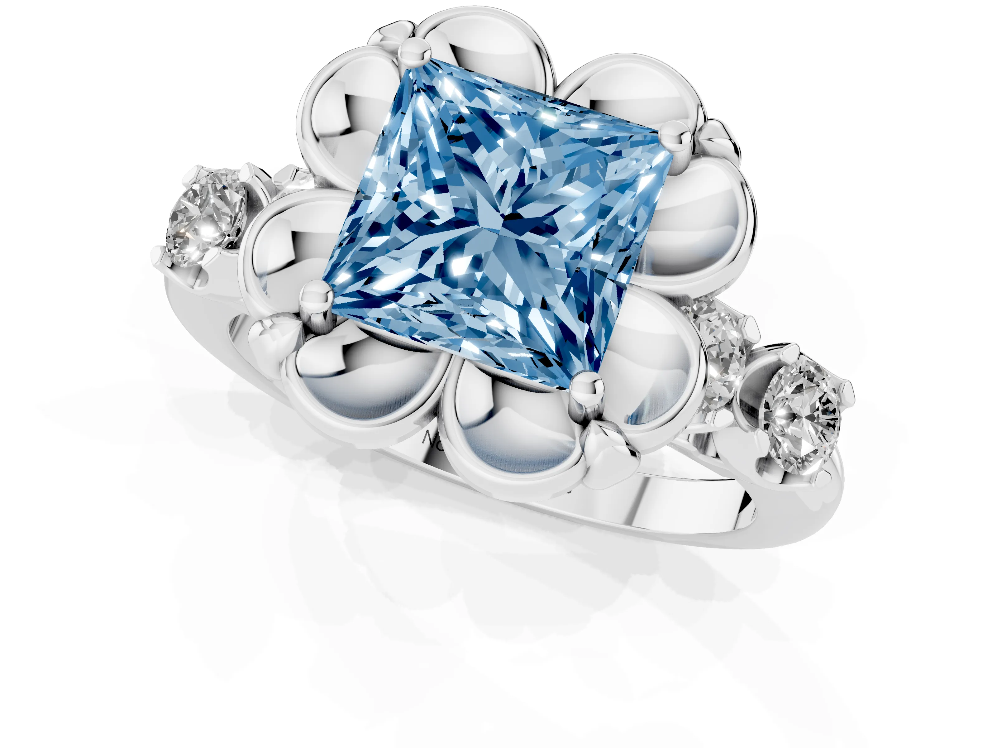 Fancy Blue Princess Cut Diamond Floral Halo Ring Set in White gold with Shared Prong Band