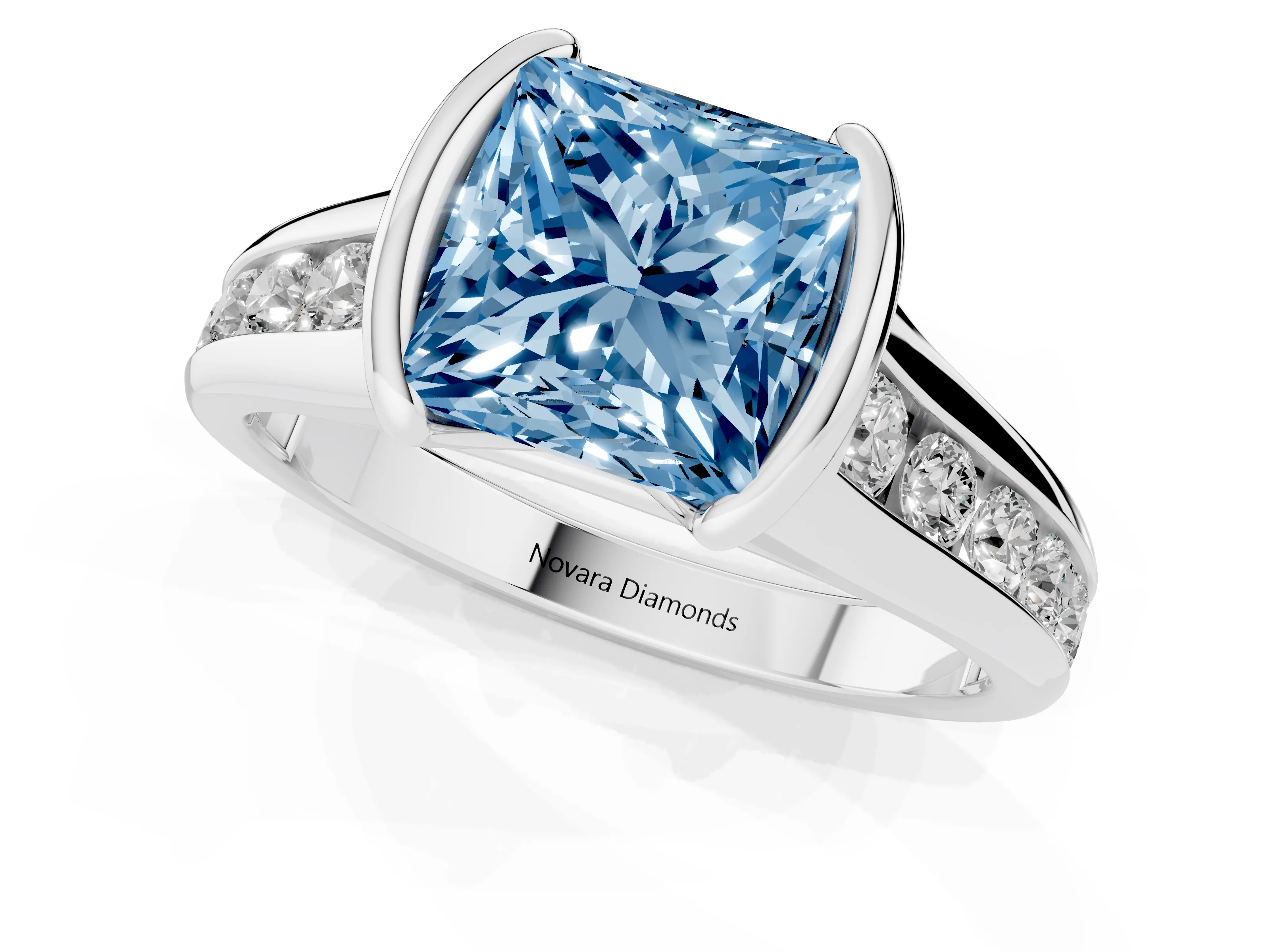 Fancy Blue Princess Cut Diamond Bezel-Set Solitaire Ring Set in Silver with Channel-Set Band