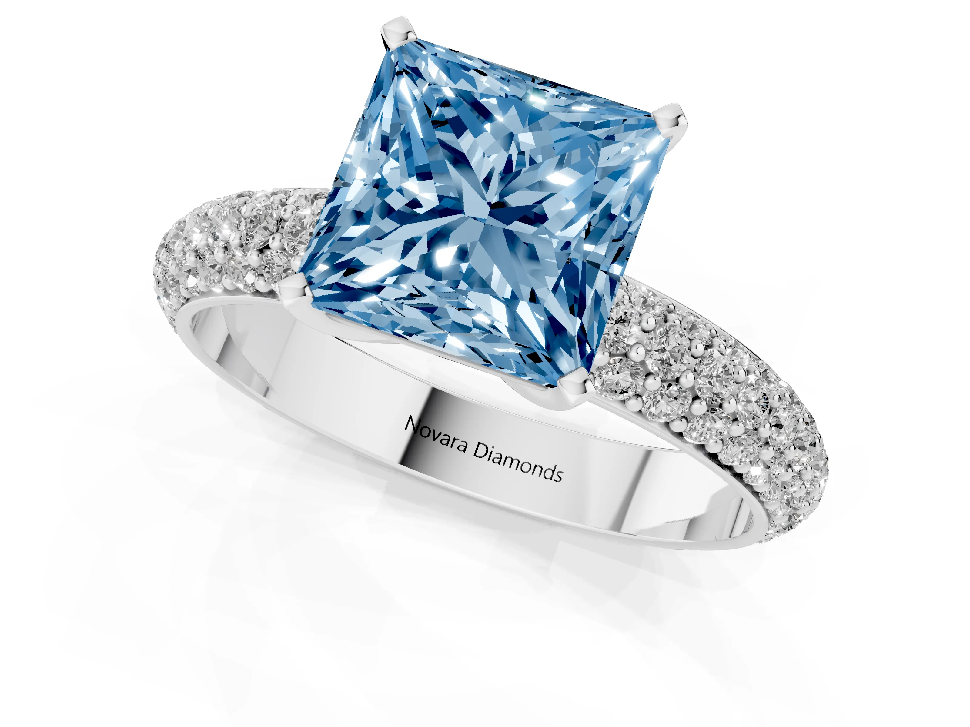 Fancy Blue Princess Cut Diamond Solitaire Ring Set in Platinum with Prong Setting and Pavé-Set Band