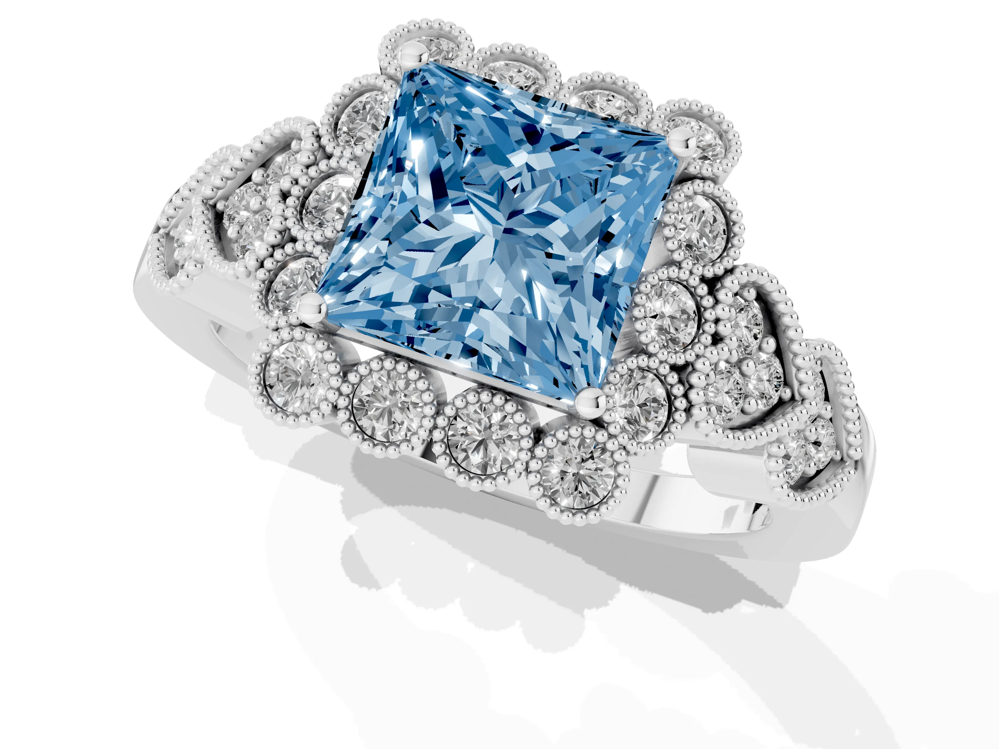 Fancy Blue Princess Cut Diamond Solitaire Ring Set in White gold with Milgrain Pavé Heart Band