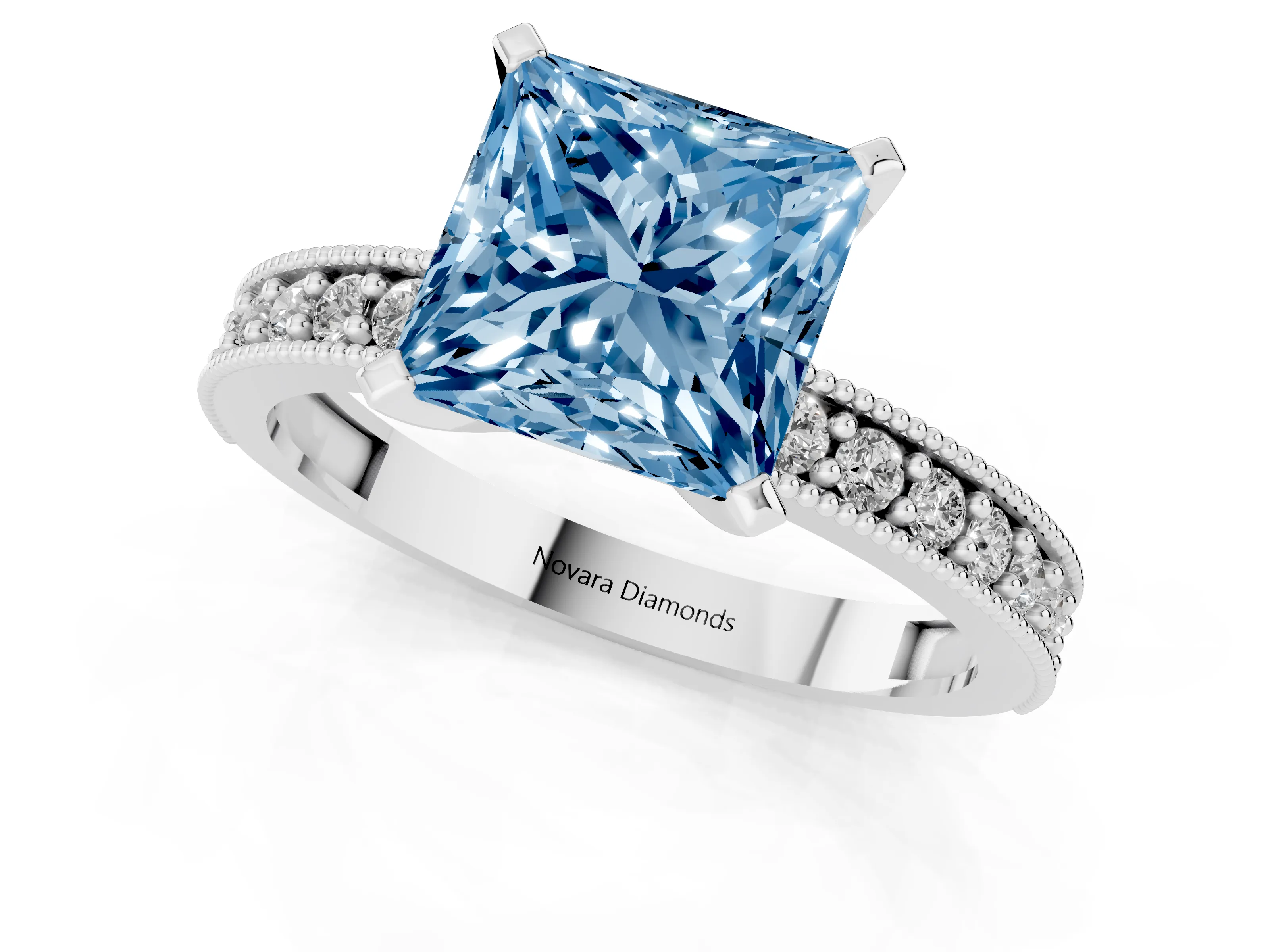 Fancy Blue Princess Cut Diamond Milgrain Pavé Engagement Ring Set in Silver with Prong Setting