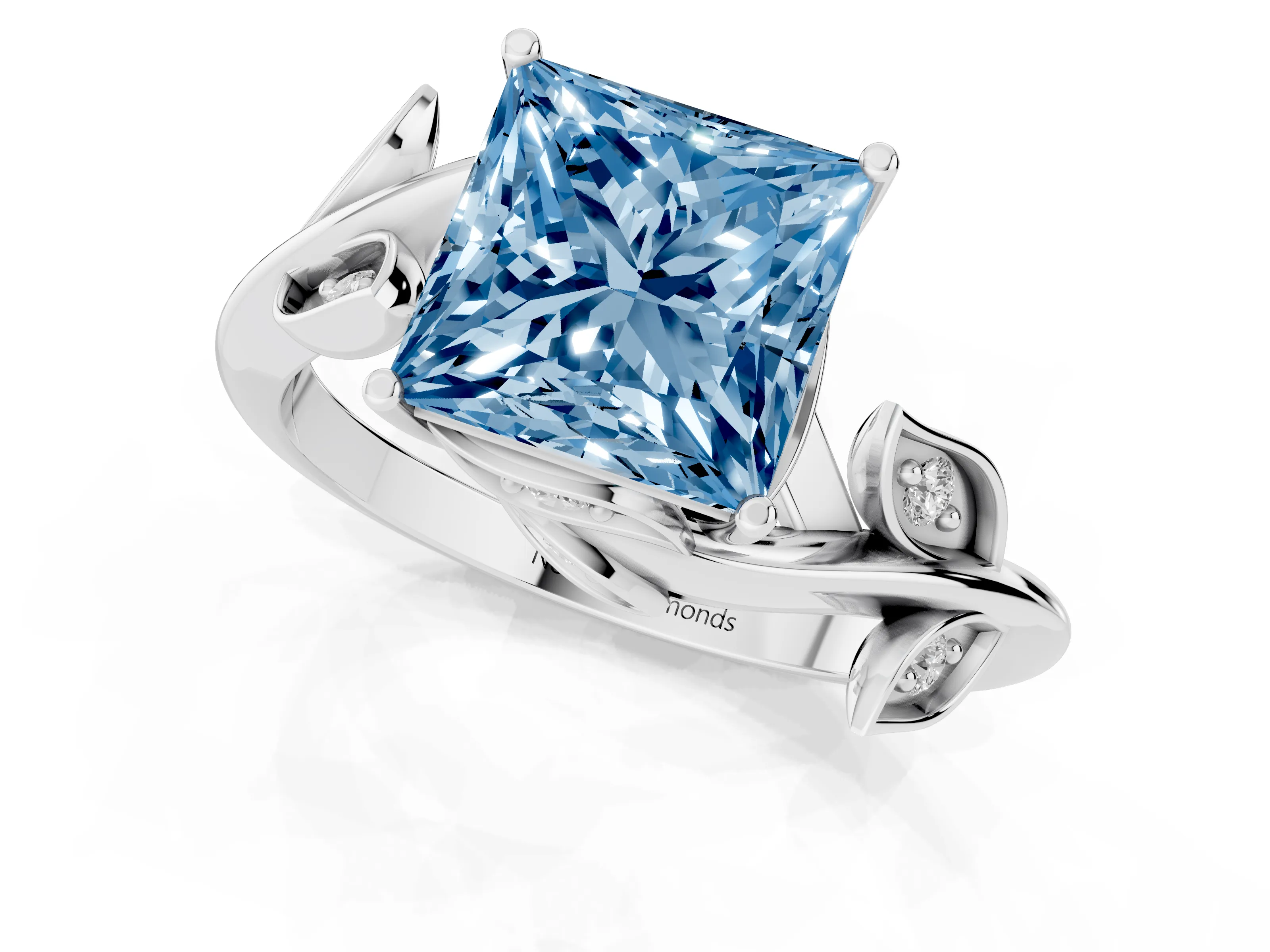 Fancy Blue Princess Cut Diamond Solitaire Twist Engagement Ring Set in White gold with Pavé Leaf Accents