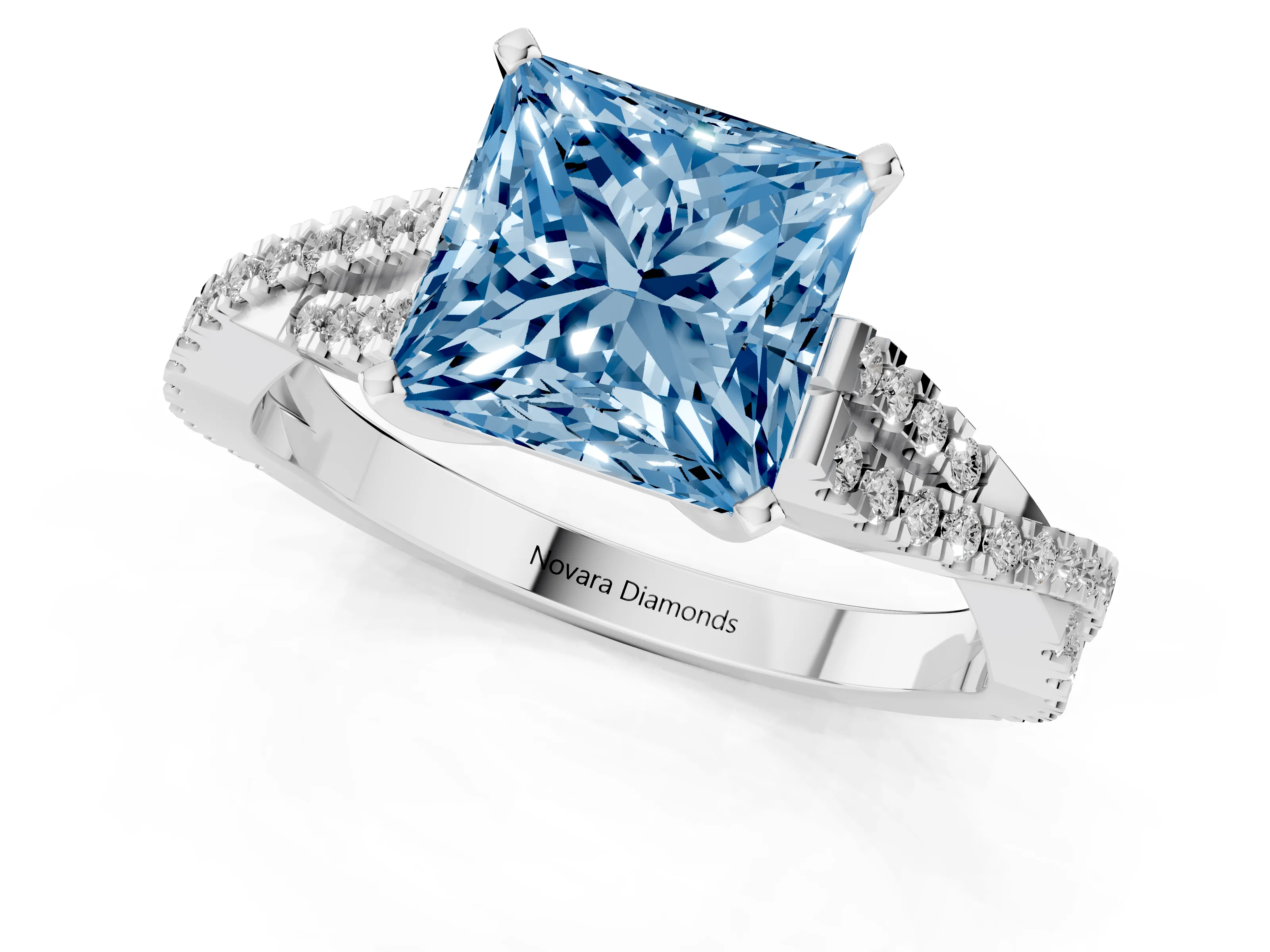 Fancy Blue Princess Cut Diamond Solitaire Engagement Ring Set in Silver with Twisted Pavé Band and Prong Setting