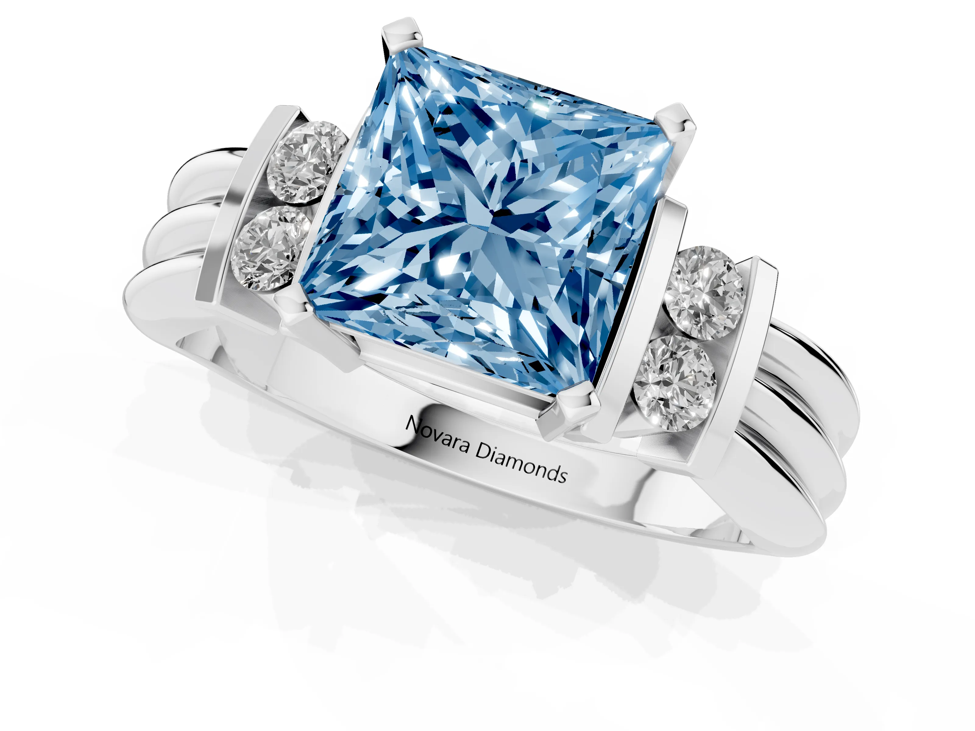 Fancy Blue Three-Stone Princess Cut Diamond Channel Set Ring Set in White gold with Bar Prongs