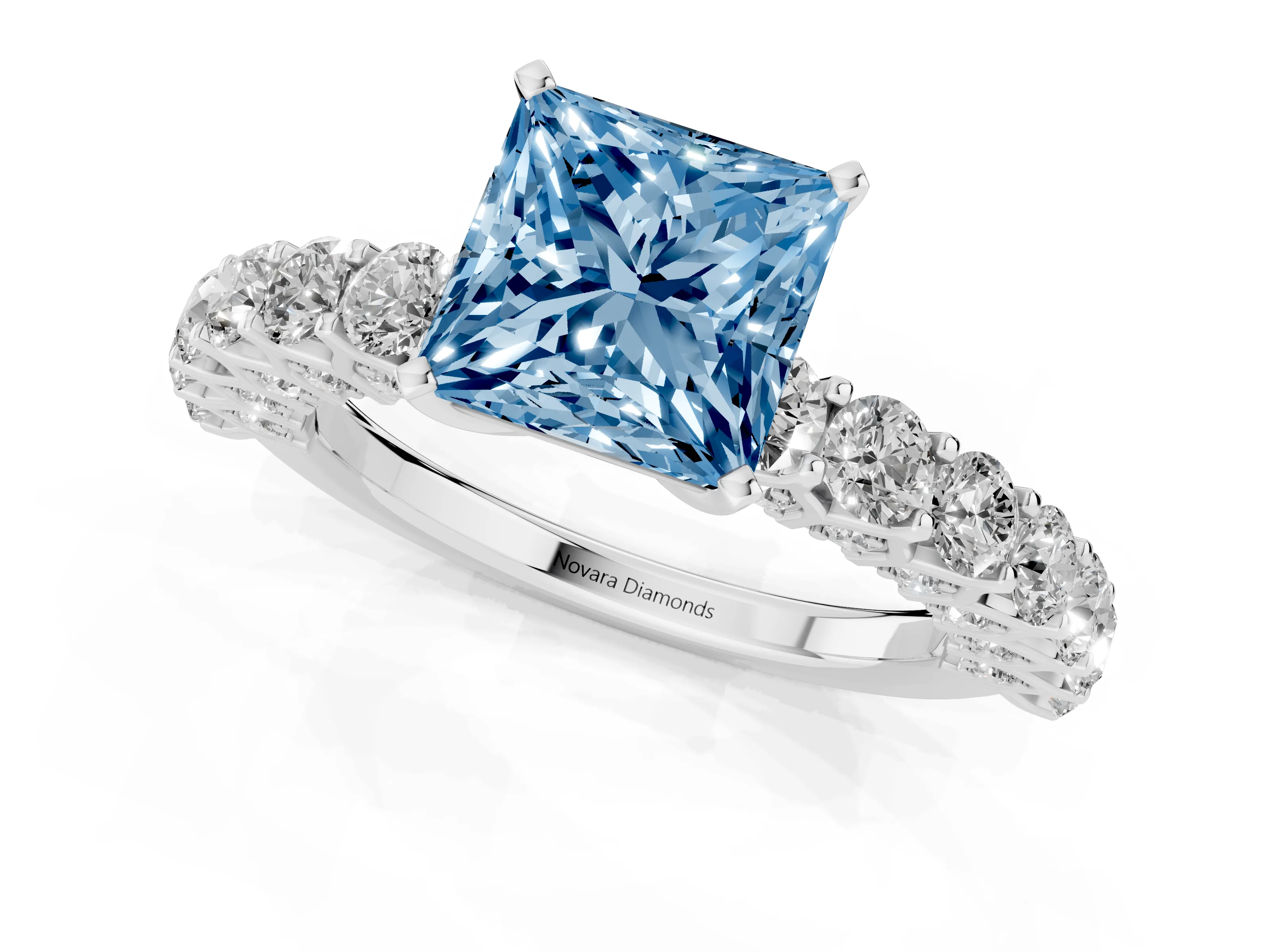 Fancy Blue Princess Cut Diamond Solitaire Ring Set in Silver with Shared Prong Pavé Band