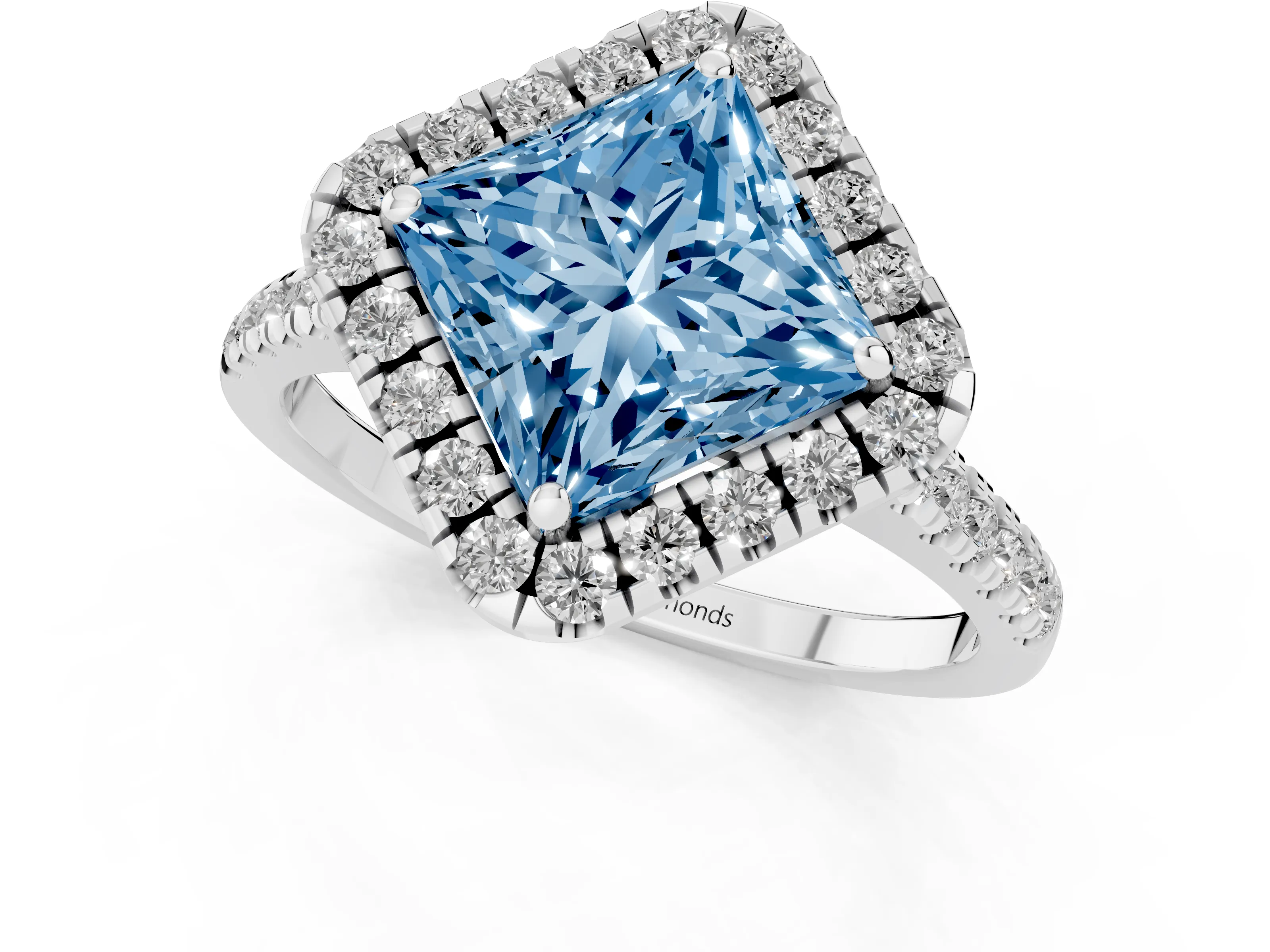 Fancy Blue Princess Cut Diamond Cushion Halo Ring Set in White gold with Pavé Band – second view