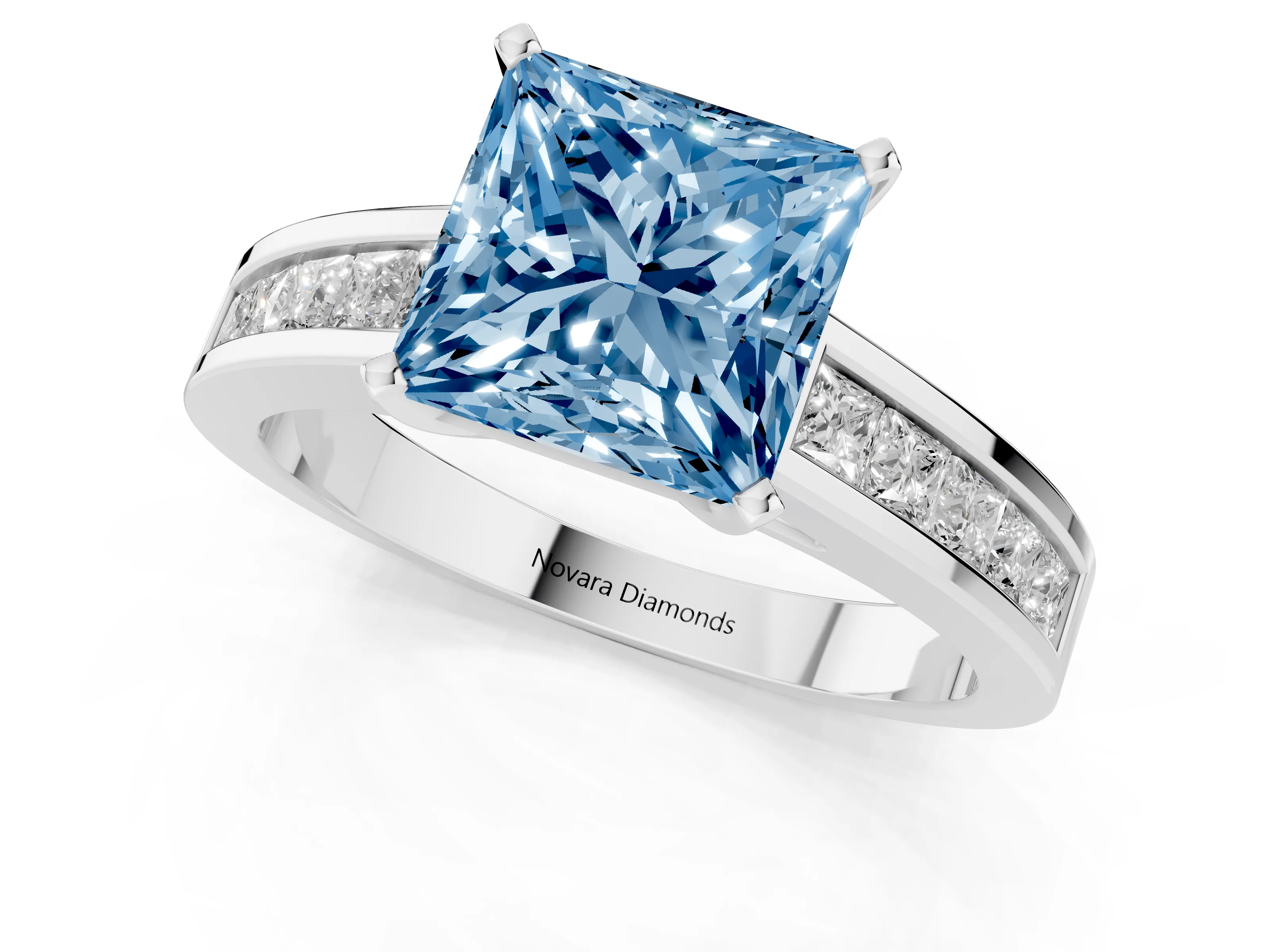 Fancy Blue Princess Cut Diamond Solitaire Ring Set in Platinum with Channel-Set Band and Prong Setting