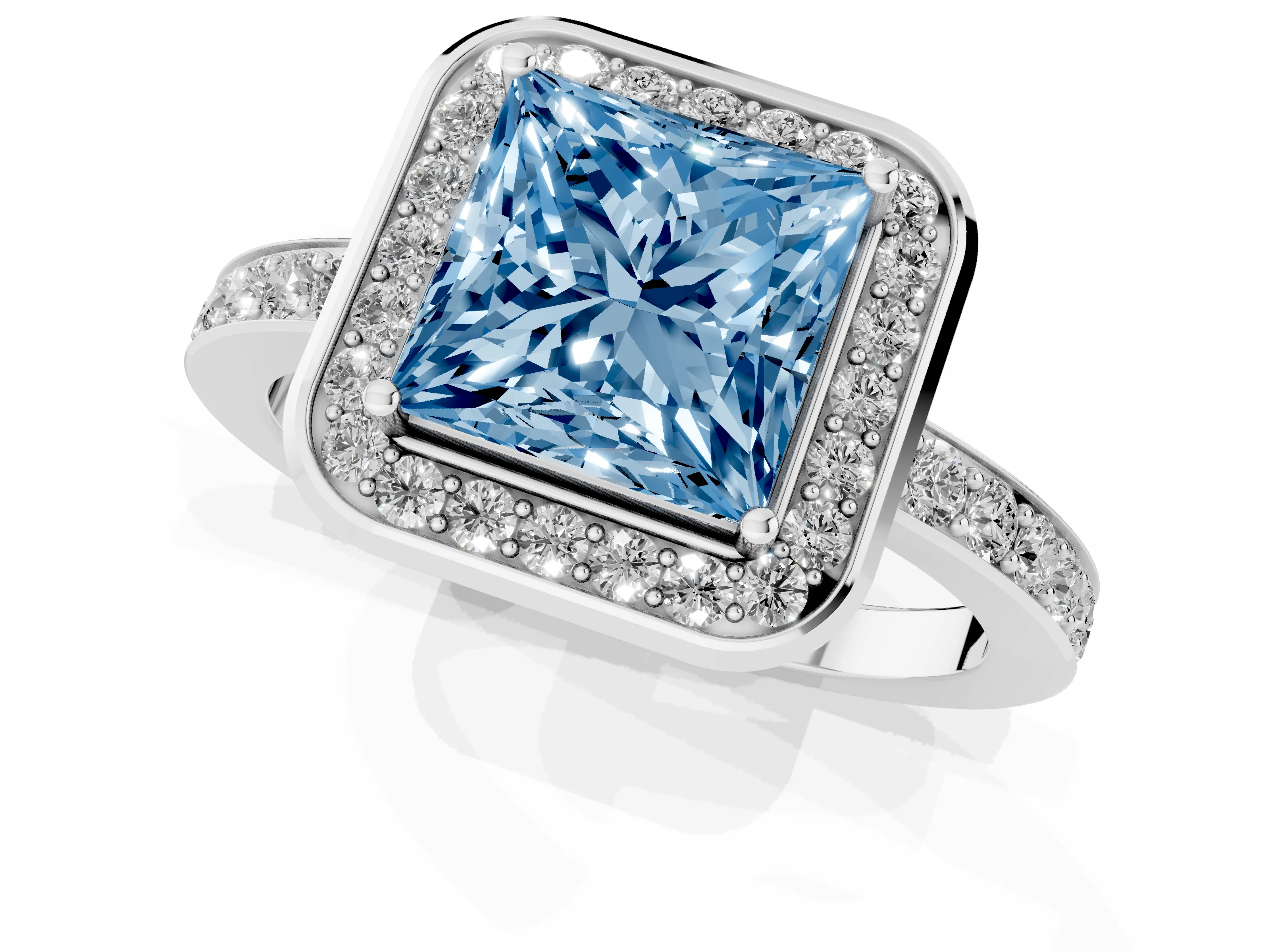 Fancy Blue Princess Cut Diamond Halo Ring Set in Platinum with Bezel Frame and Pavé Band