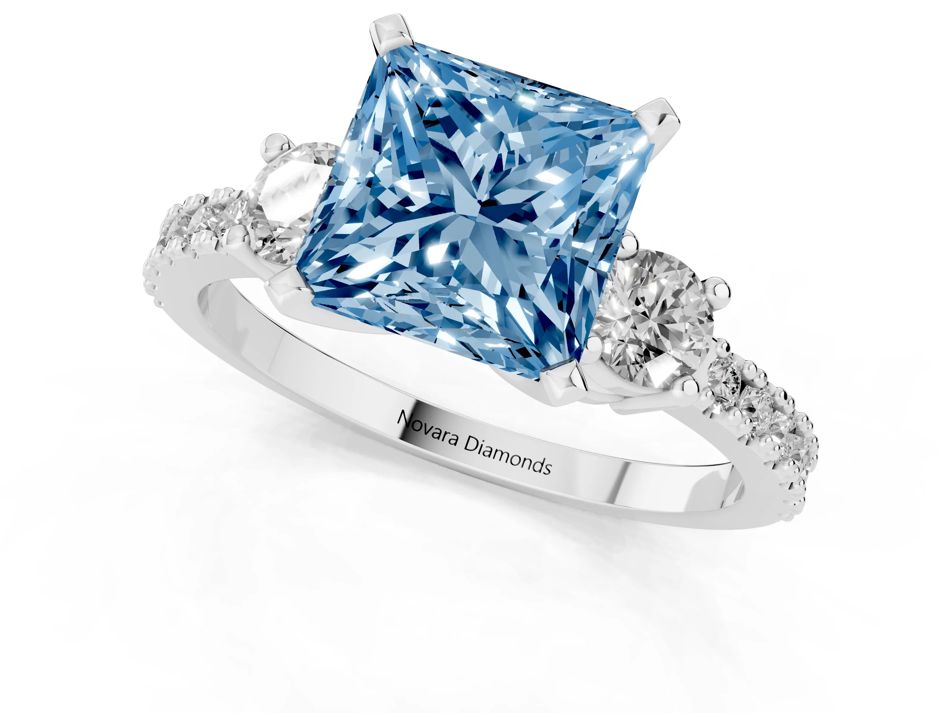 Fancy Blue Three-Stone Princess Cut Diamond Pavé Band Ring Set in Silver with Prong Setting