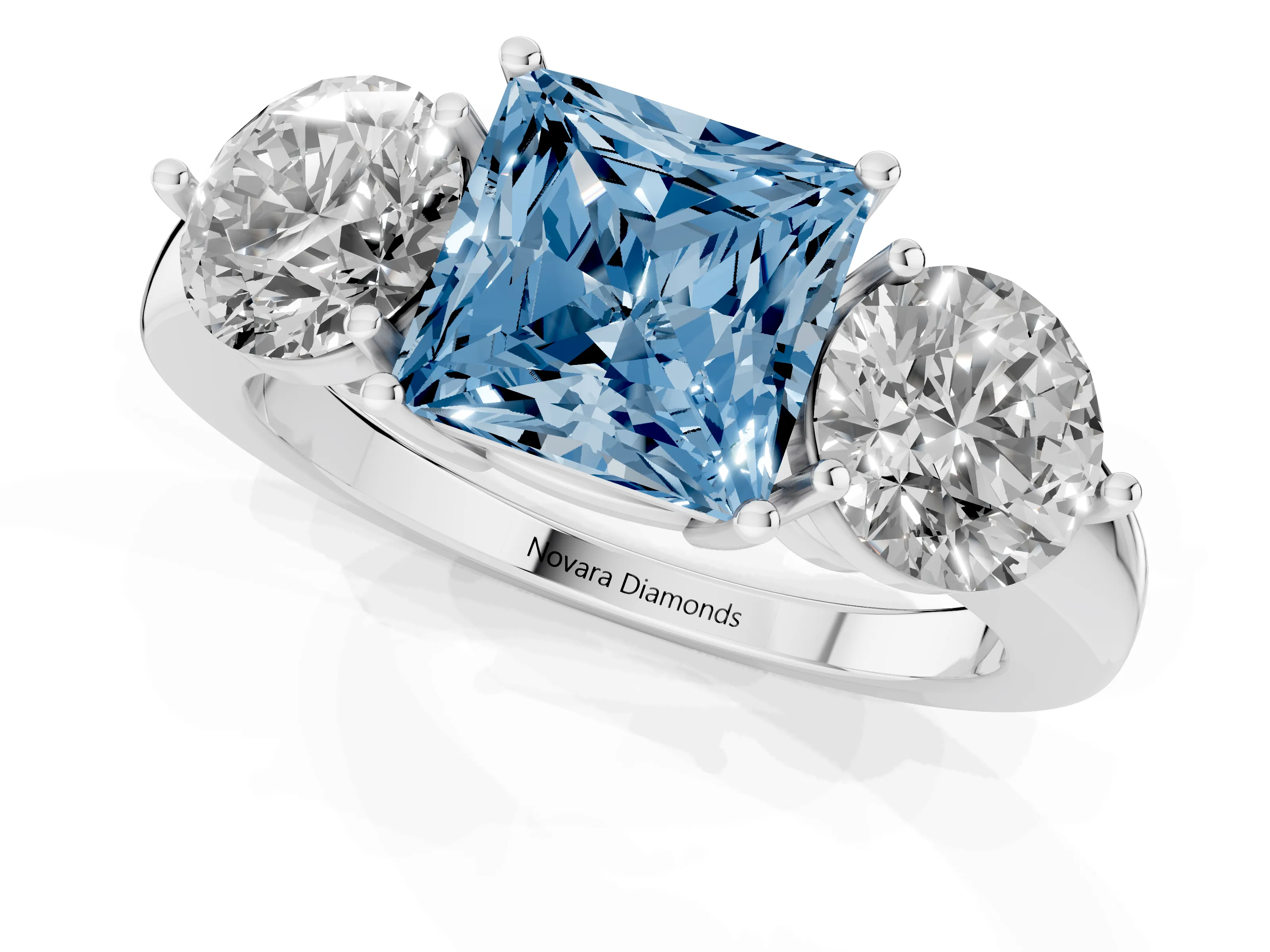 Fancy Blue Princess Cut Diamond Three-Stone Ring Set in Platinum with Prong Setting and Plain Band – second view