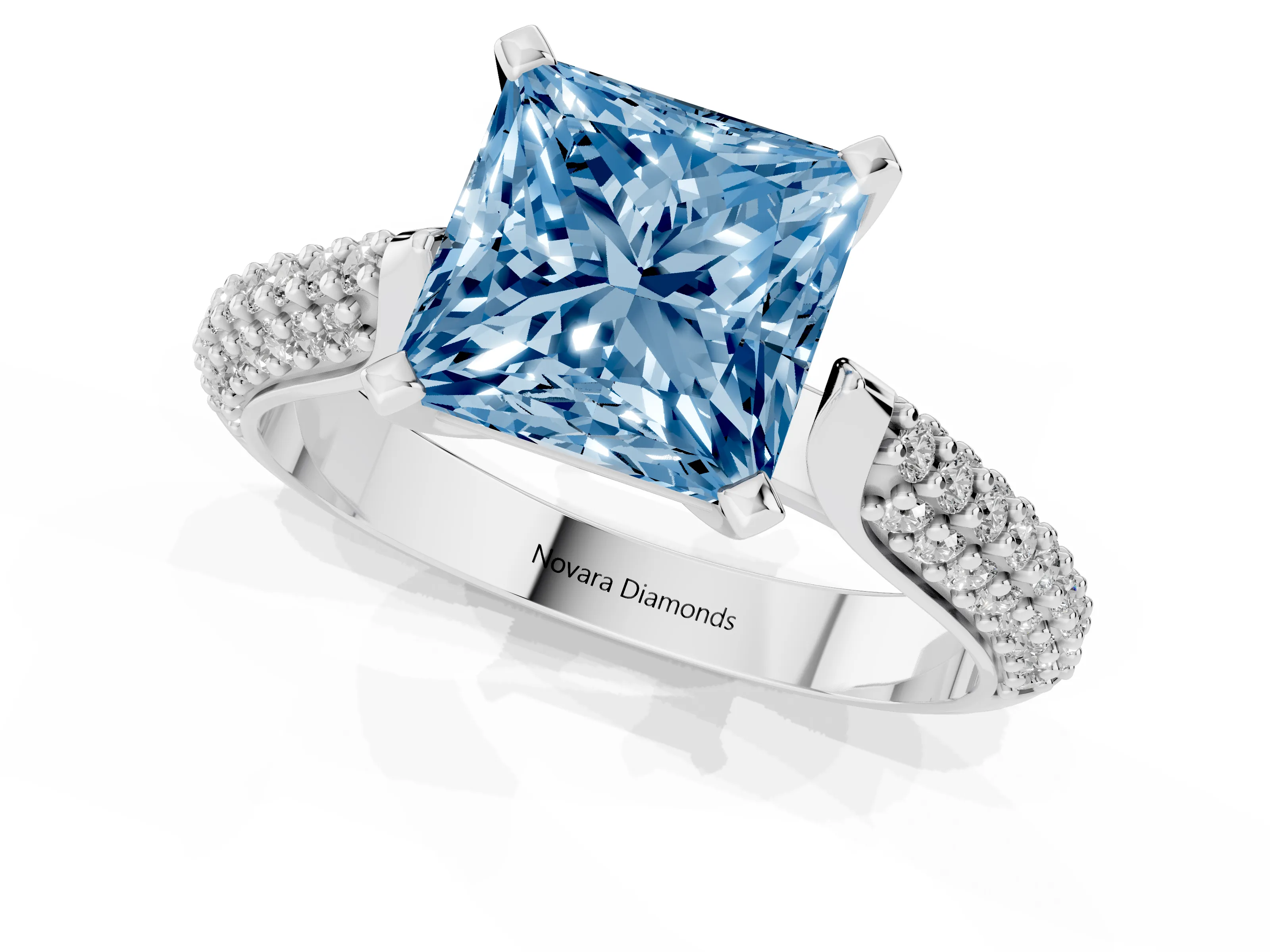 Fancy Blue Princess Cut Diamond Solitaire Engagement Ring Set in Silver with Multi-Row Round Pavé Band and Prong Setting