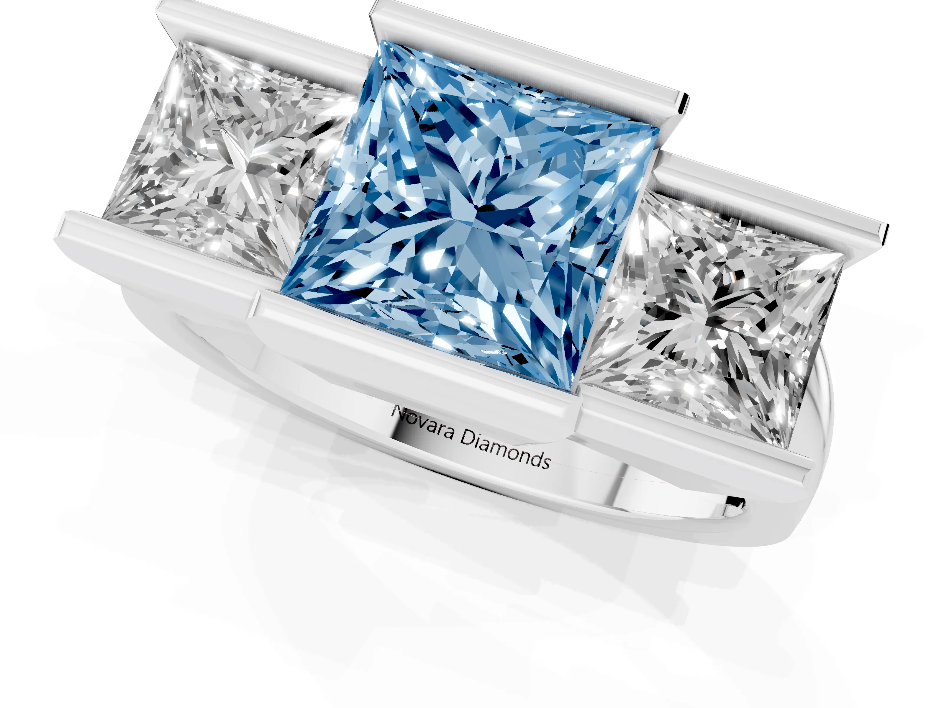 Fancy Blue Princess Cut Diamond Three-Stone Channel Set Ring Set in Platinum with Smooth Polished Band