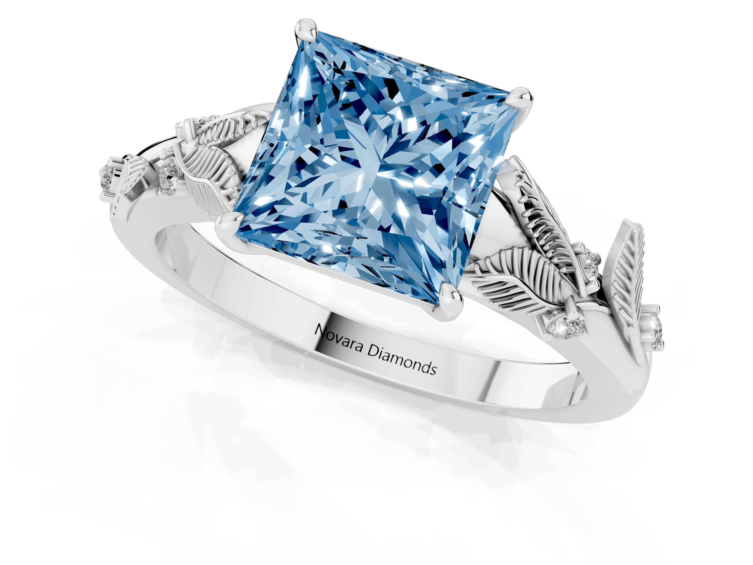 Fancy Blue Princess Cut Diamond Solitaire Ring Set in Silver with Leaf Motif Band
