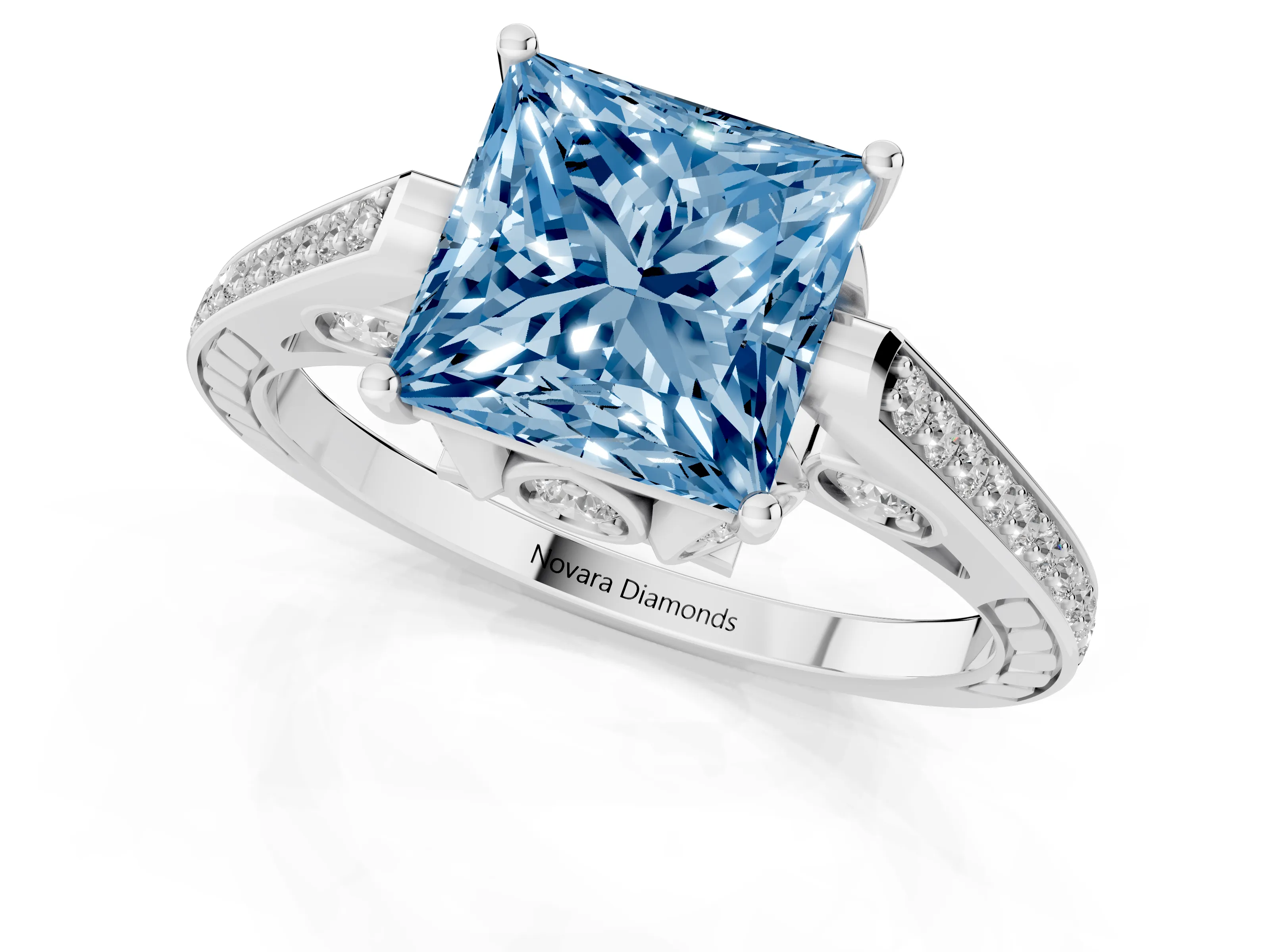 Fancy Blue Princess Cut Diamond Cathedral Pavé Engagement Ring Set in Platinum with Prong Setting