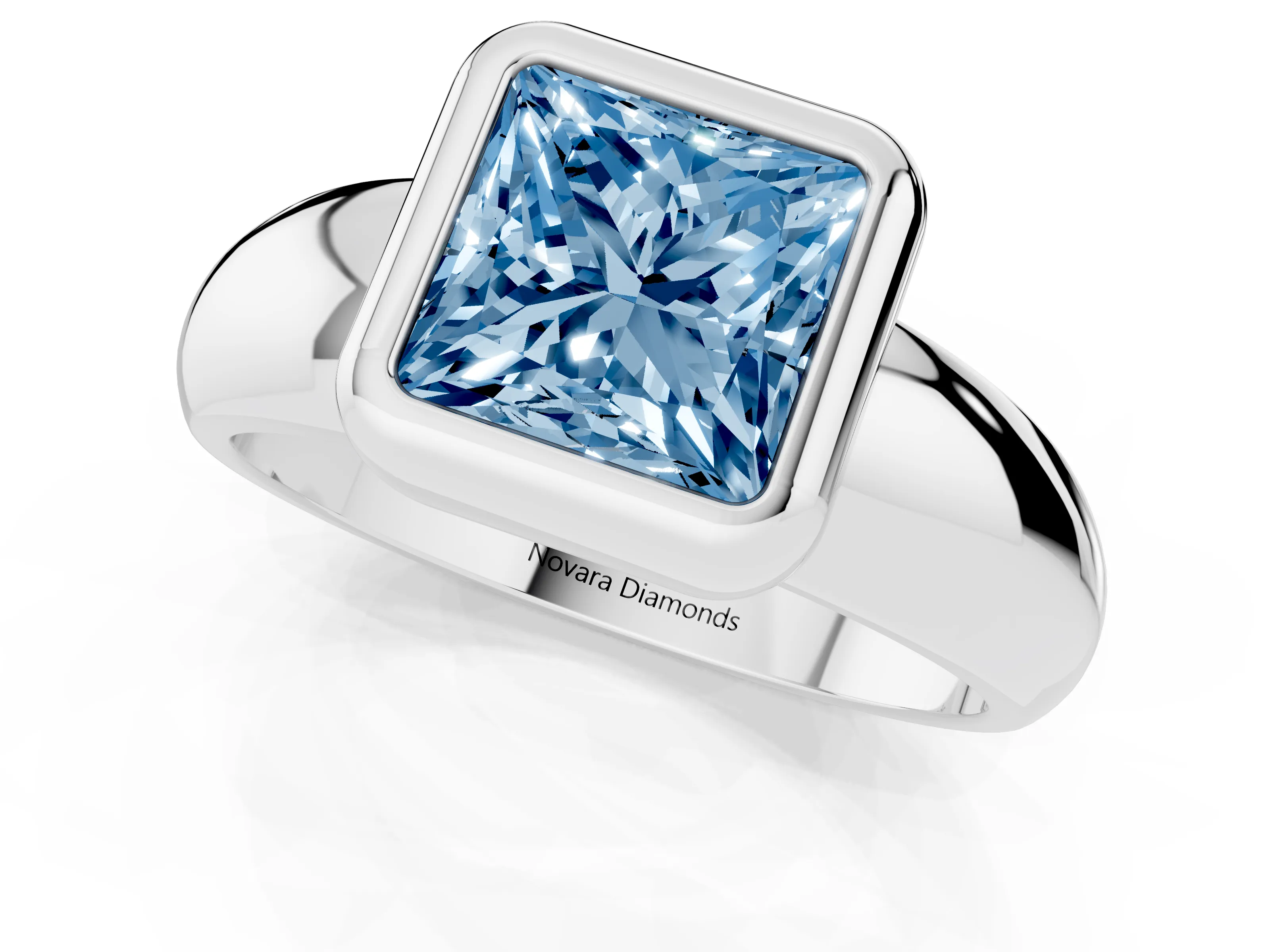 Fancy Blue Bezel Set Princess Cut Diamond Solitaire Ring Set in White gold with Wide Band