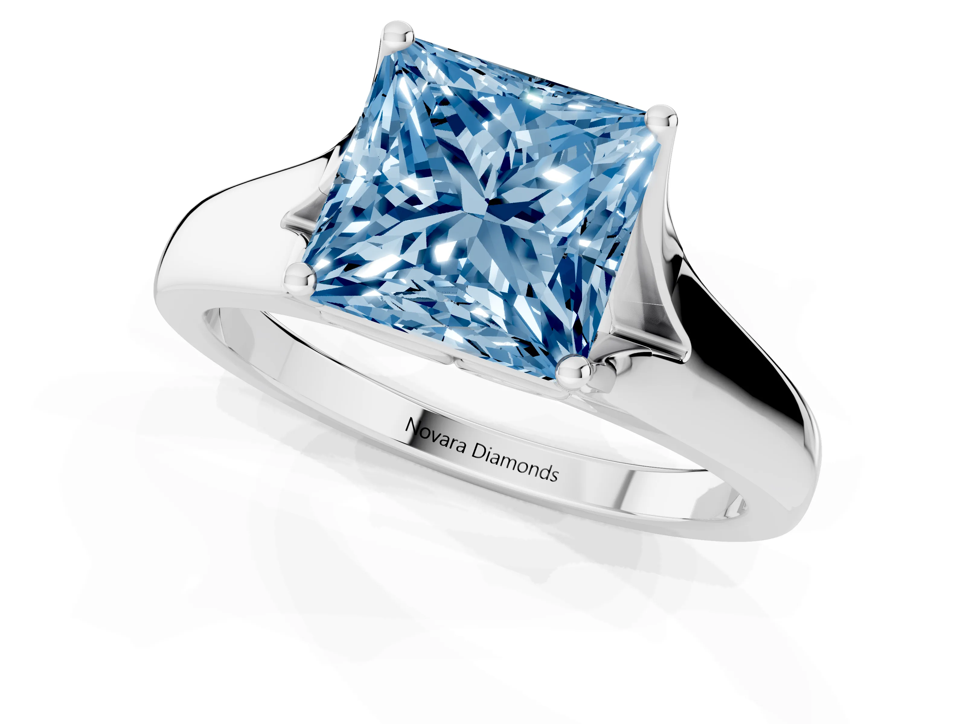 Fancy Blue Princess Cut Diamond Solitaire Ring Set in Platinum with Arched Cathedral Band and Prong Setting