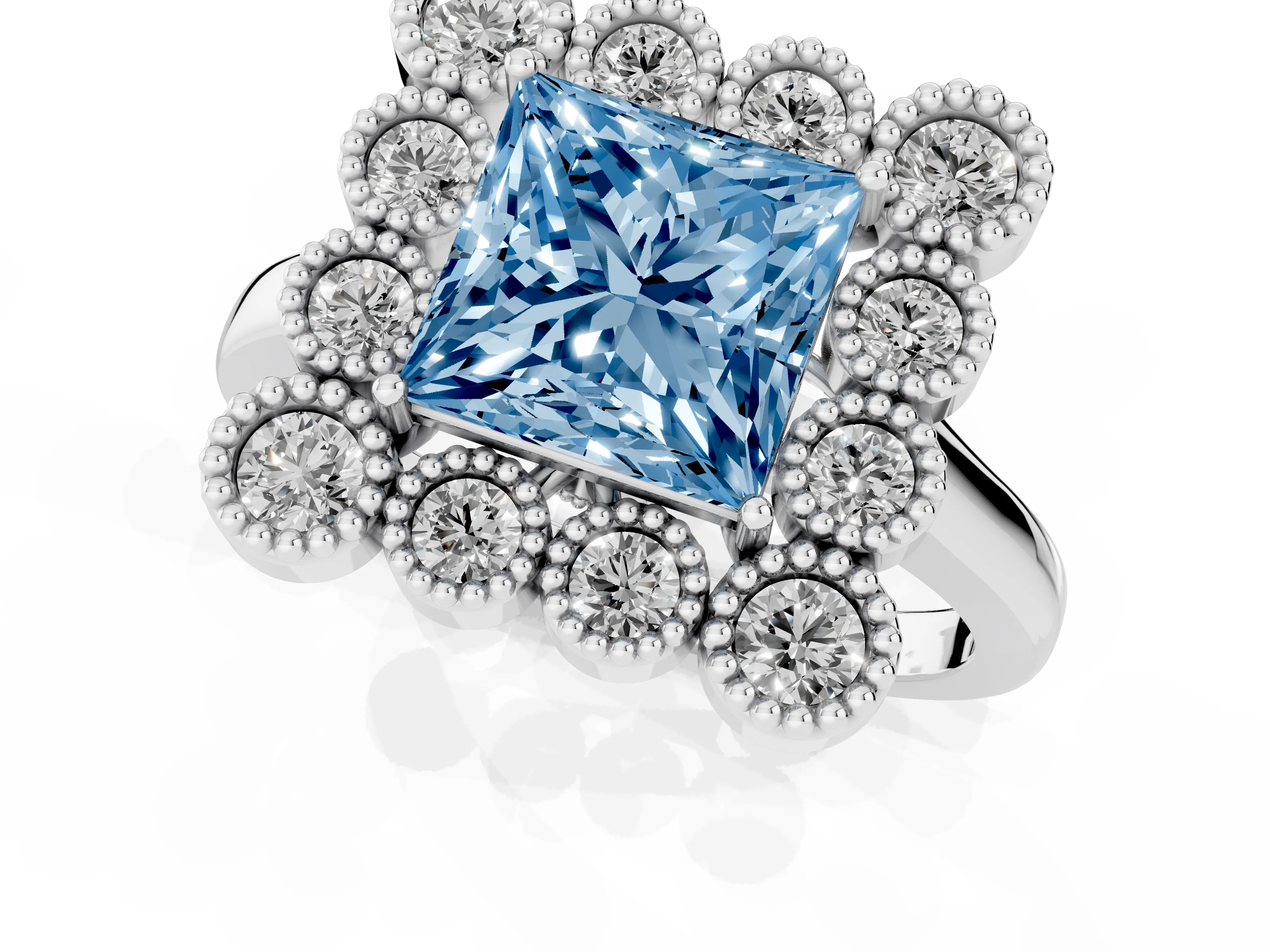 Fancy Blue Princess Cut Diamond Cluster Halo Ring Set in White gold with Milgrain Bezel Accents and Plain Band