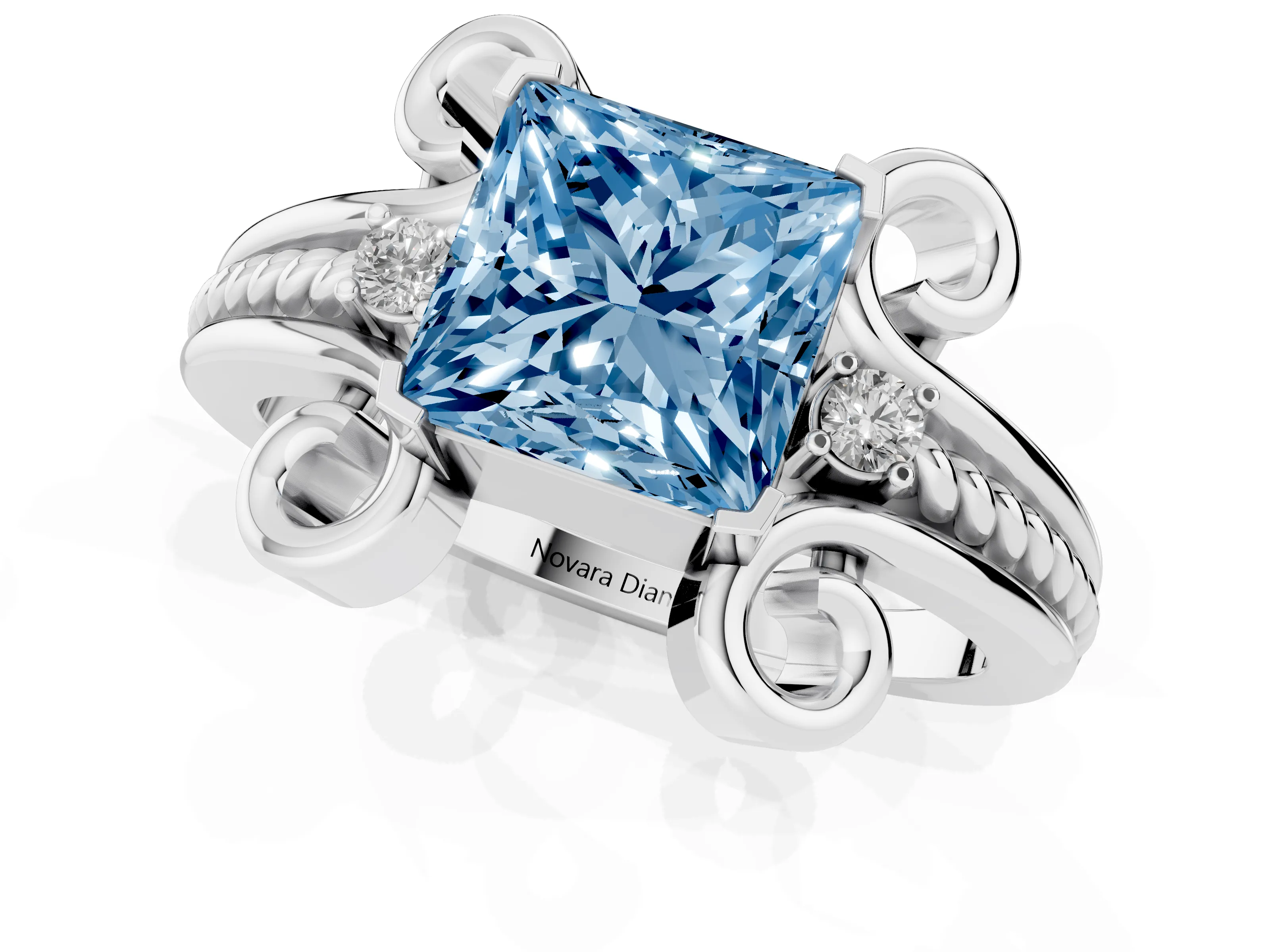 Fancy Blue Princess Cut Diamond Twisted Band Solitaire Ring Set in White gold with Scroll Prongs