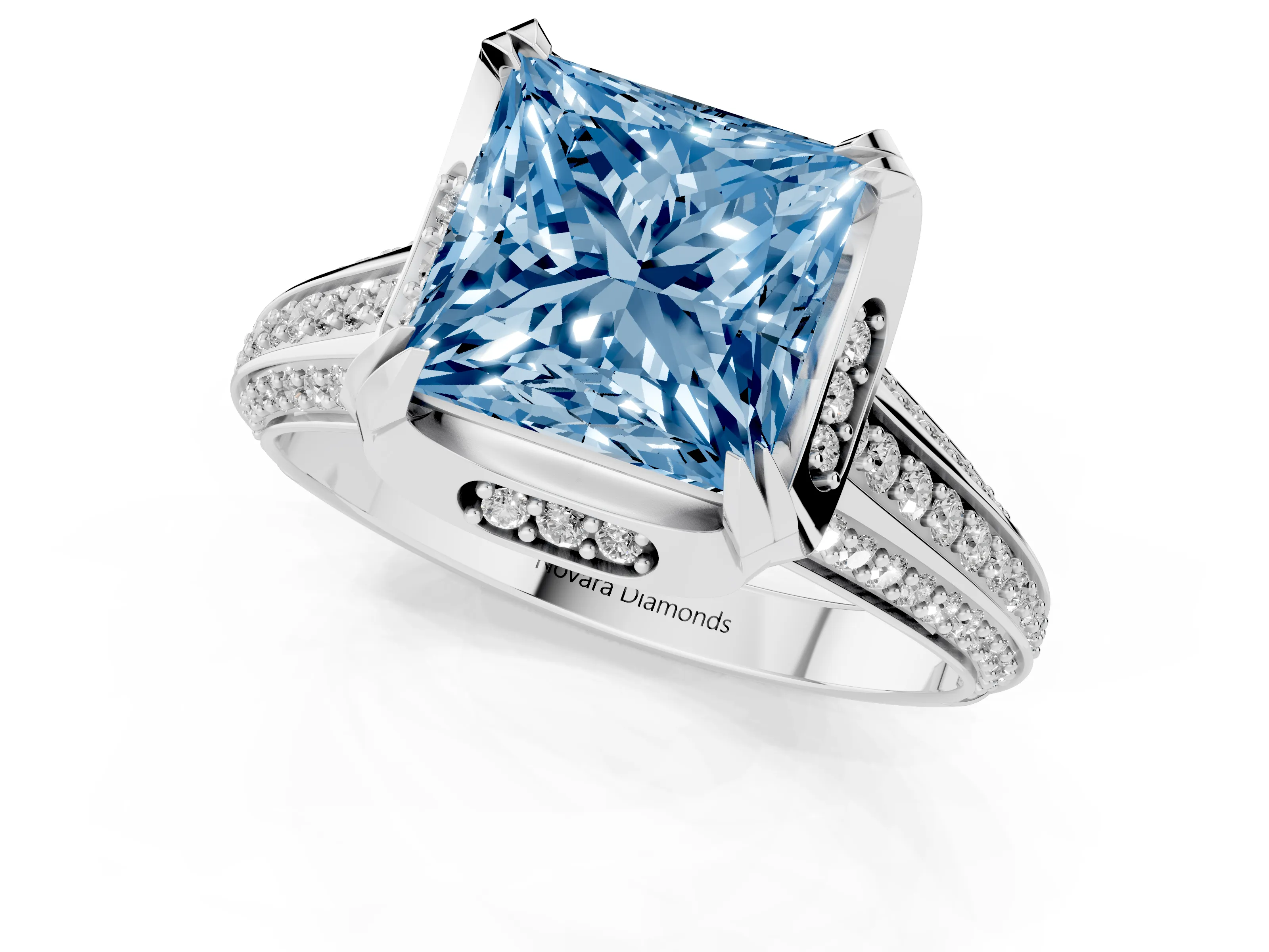 Fancy Blue Princess Cut Diamond Pavé Split Shank Solitaire Ring Set in Silver with Prong Setting