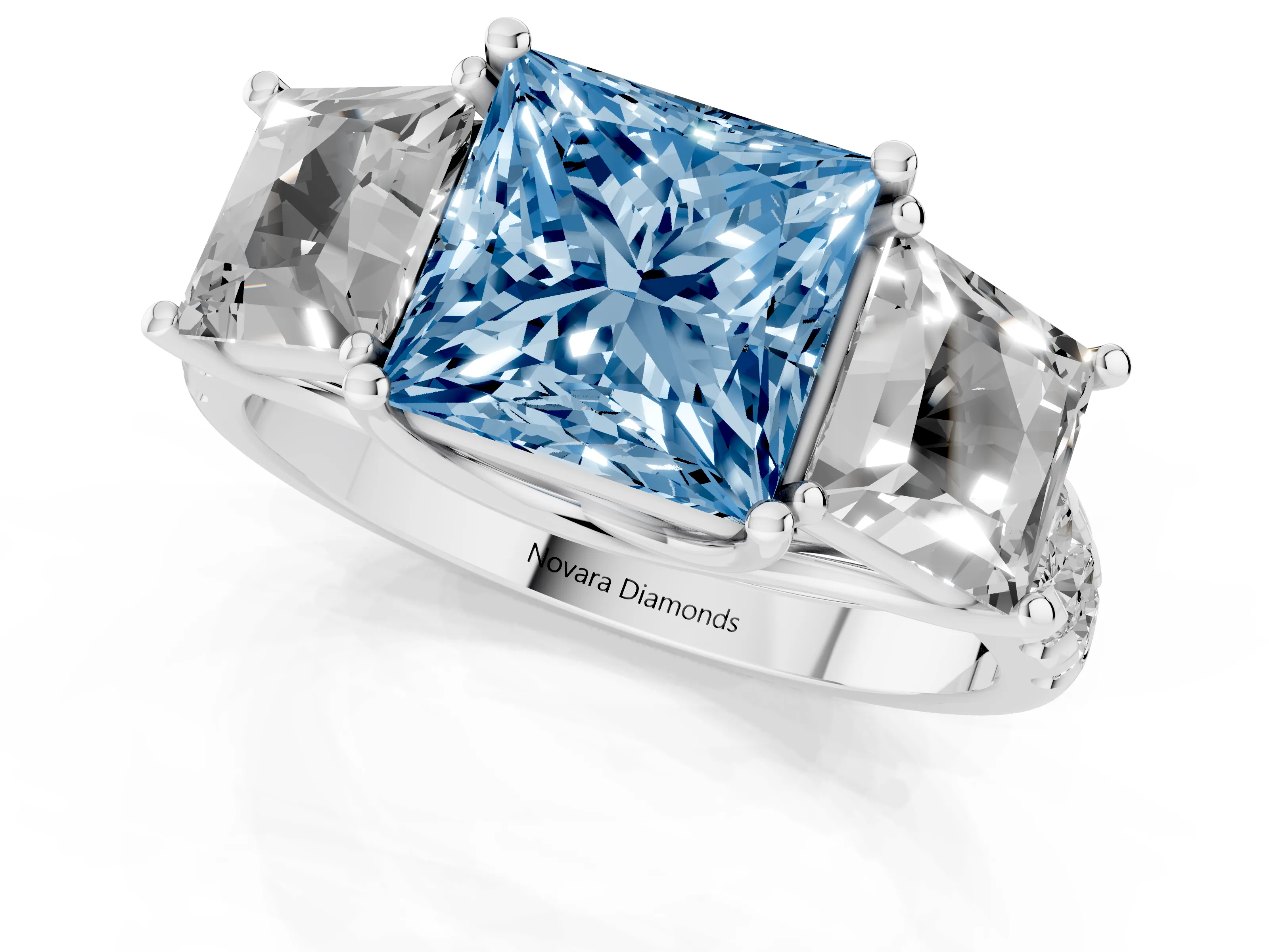 Fancy Blue Princess Cut Diamond Three-Stone Ring Set in Silver with Pavé Band