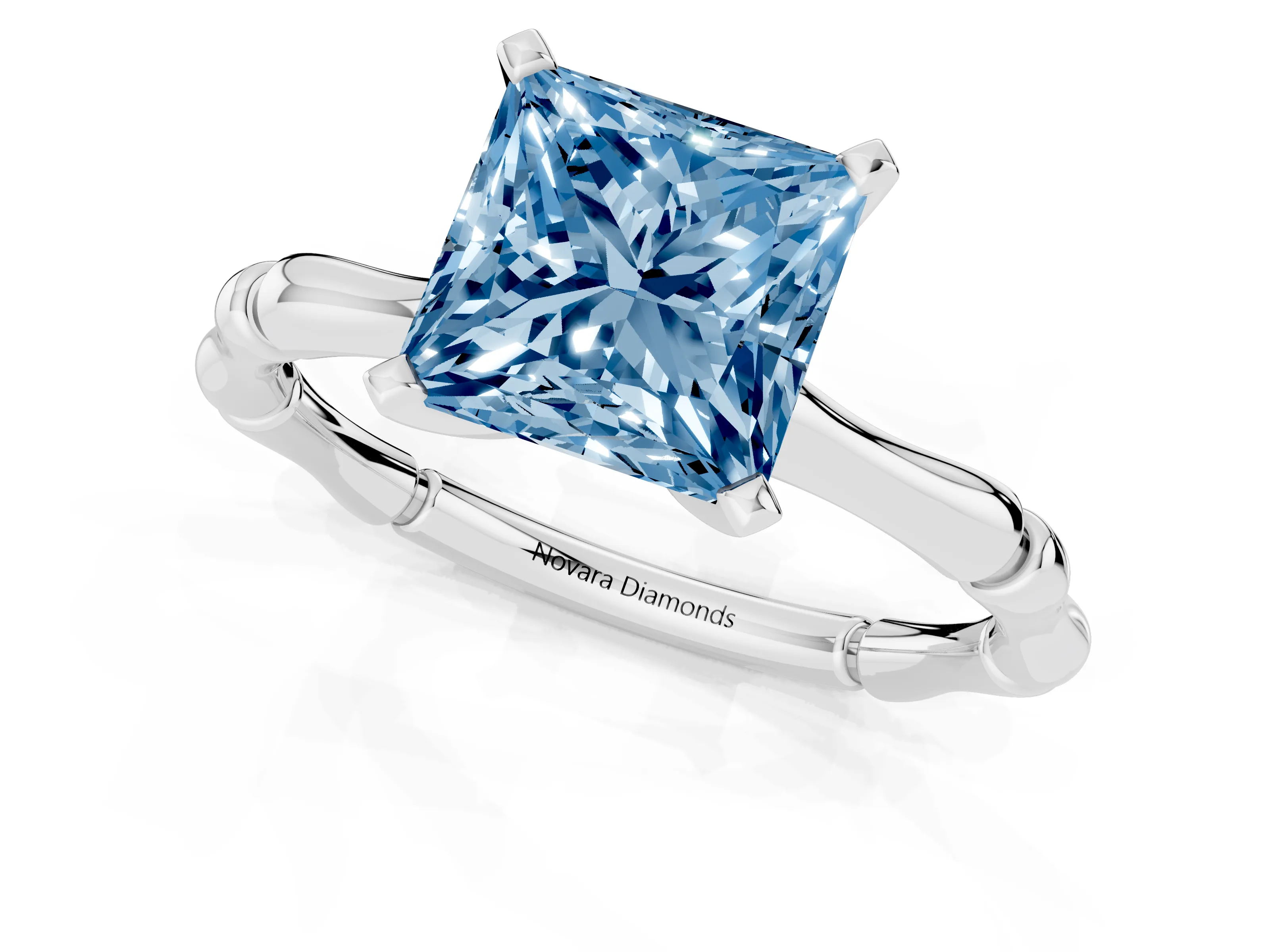 Fancy Blue Princess Cut Diamond Solitaire Ring Set in White gold with Bamboo Band and Prong Setting