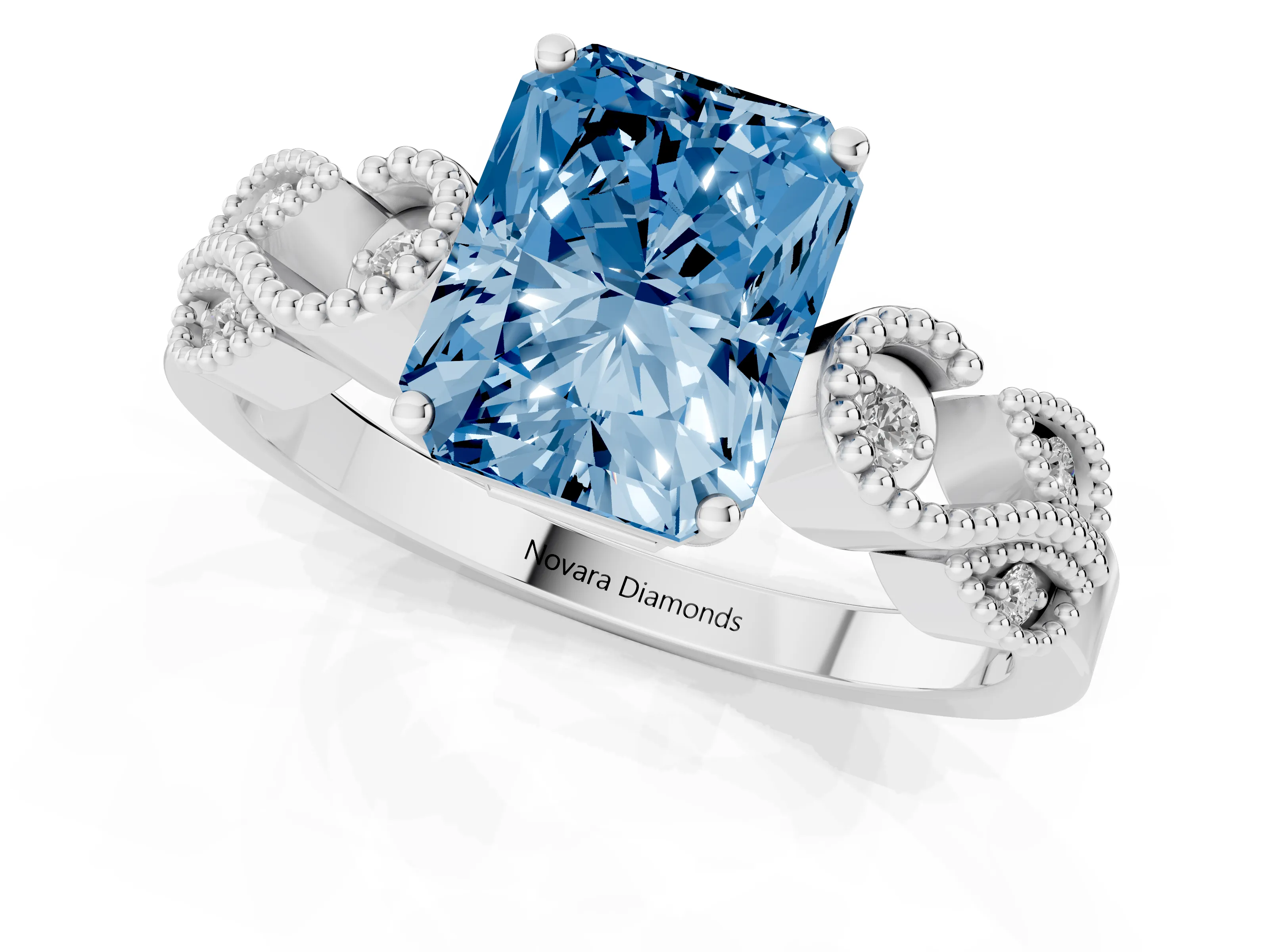 Fancy Blue Princess Cut Diamond Milgrain Leaf Band Solitaire Ring Set in Platinum with Accent Stones and Prong Setting