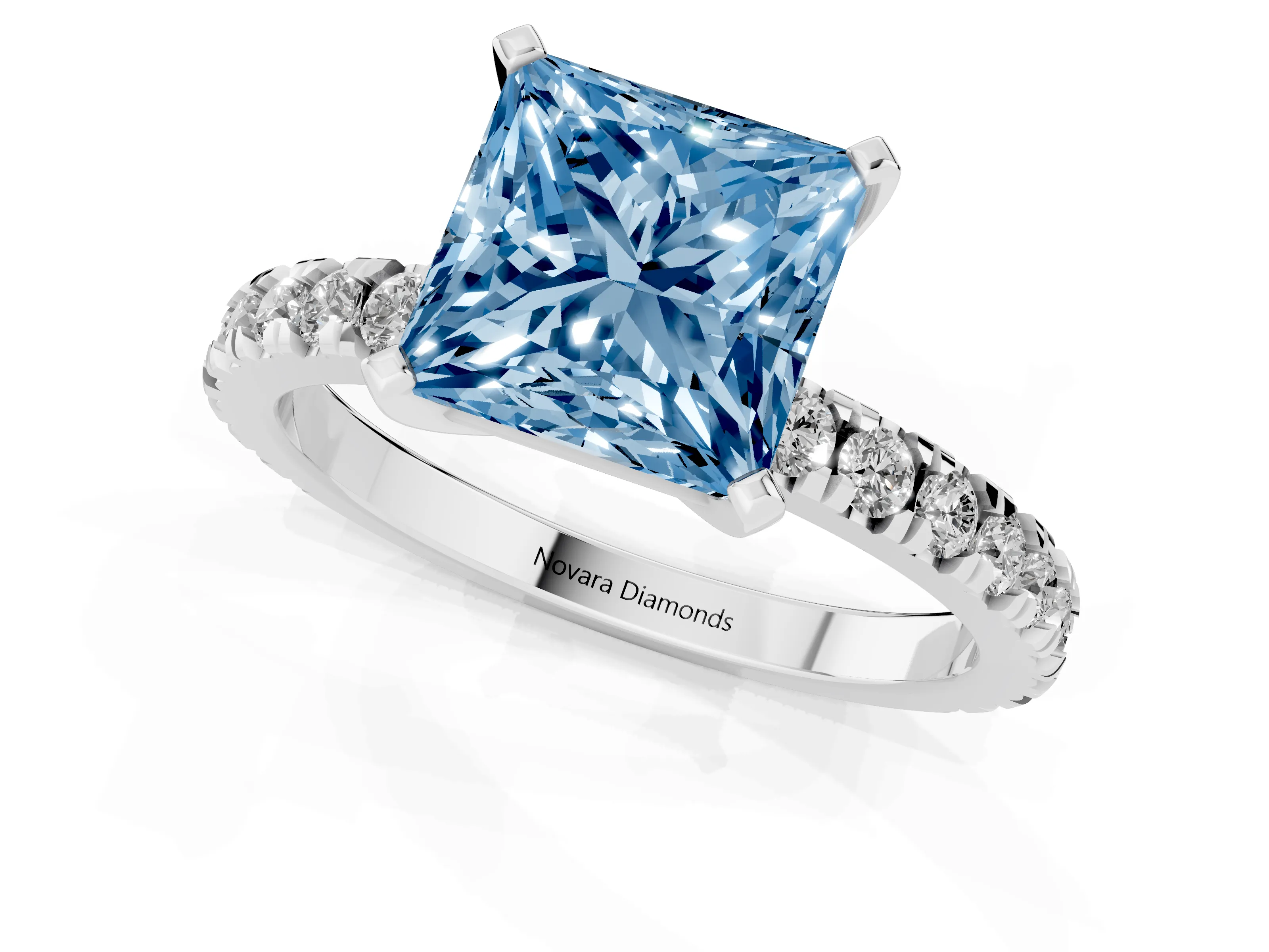 Fancy Blue Princess Cut Diamond Pavé Band Solitaire Set in Silver with Prong Setting