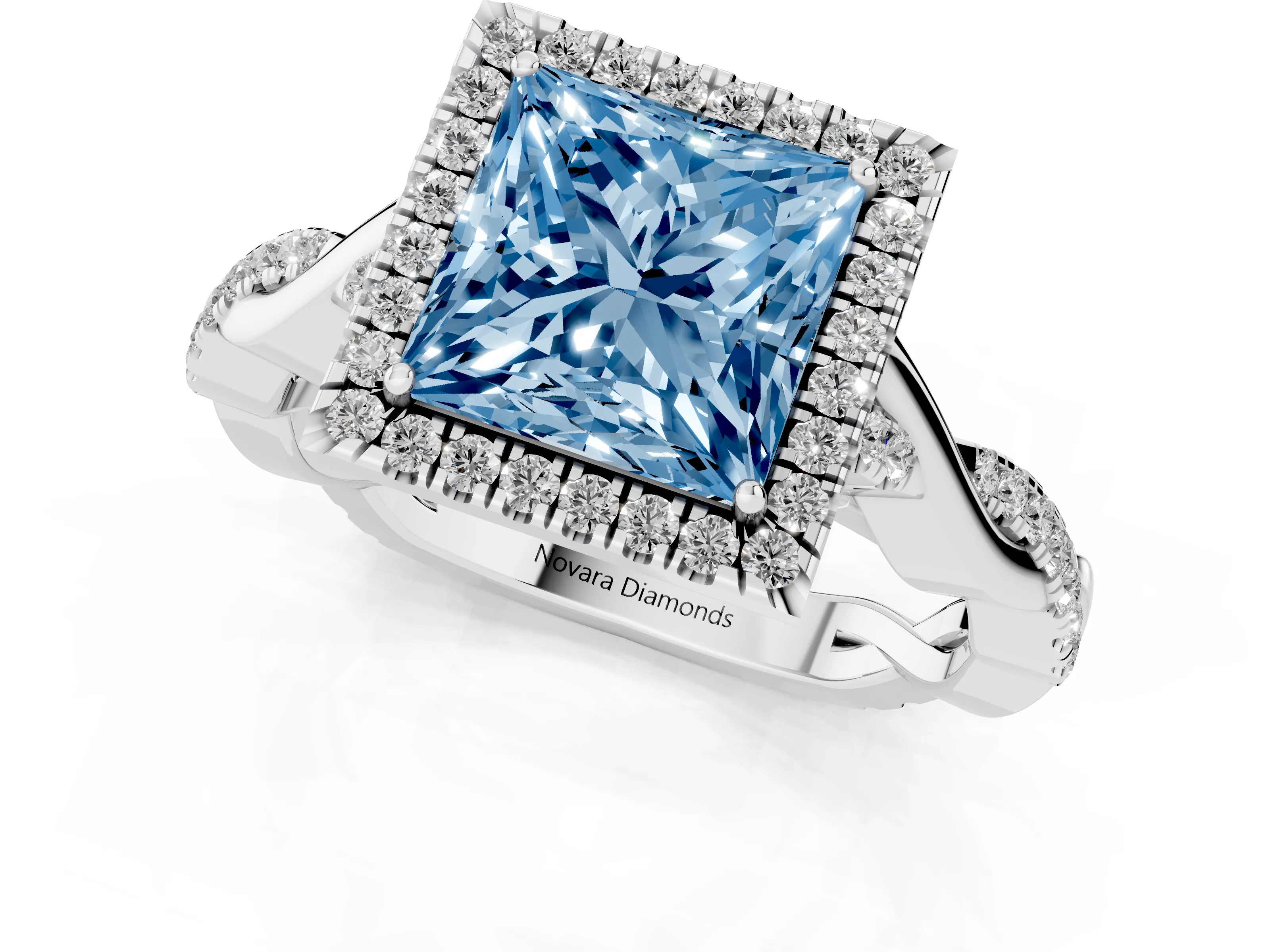 Fancy Blue Princess Cut Diamond Halo Twist Band Solitaire Ring Set in Silver with Prong Setting