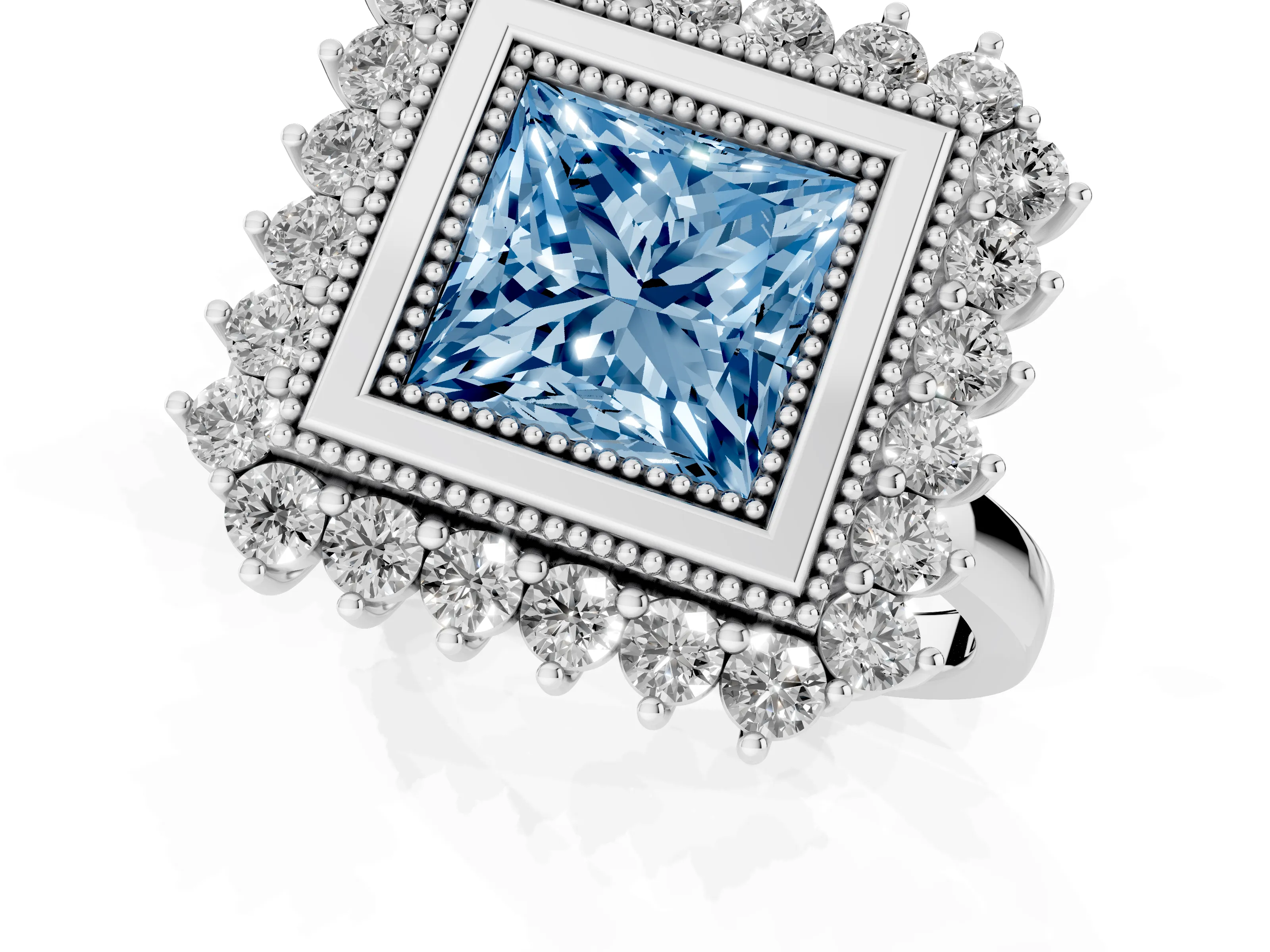 Fancy Blue Princess Cut Diamond Halo Ring Set in Silver with Milgrain Edge and Round Prong Setting
