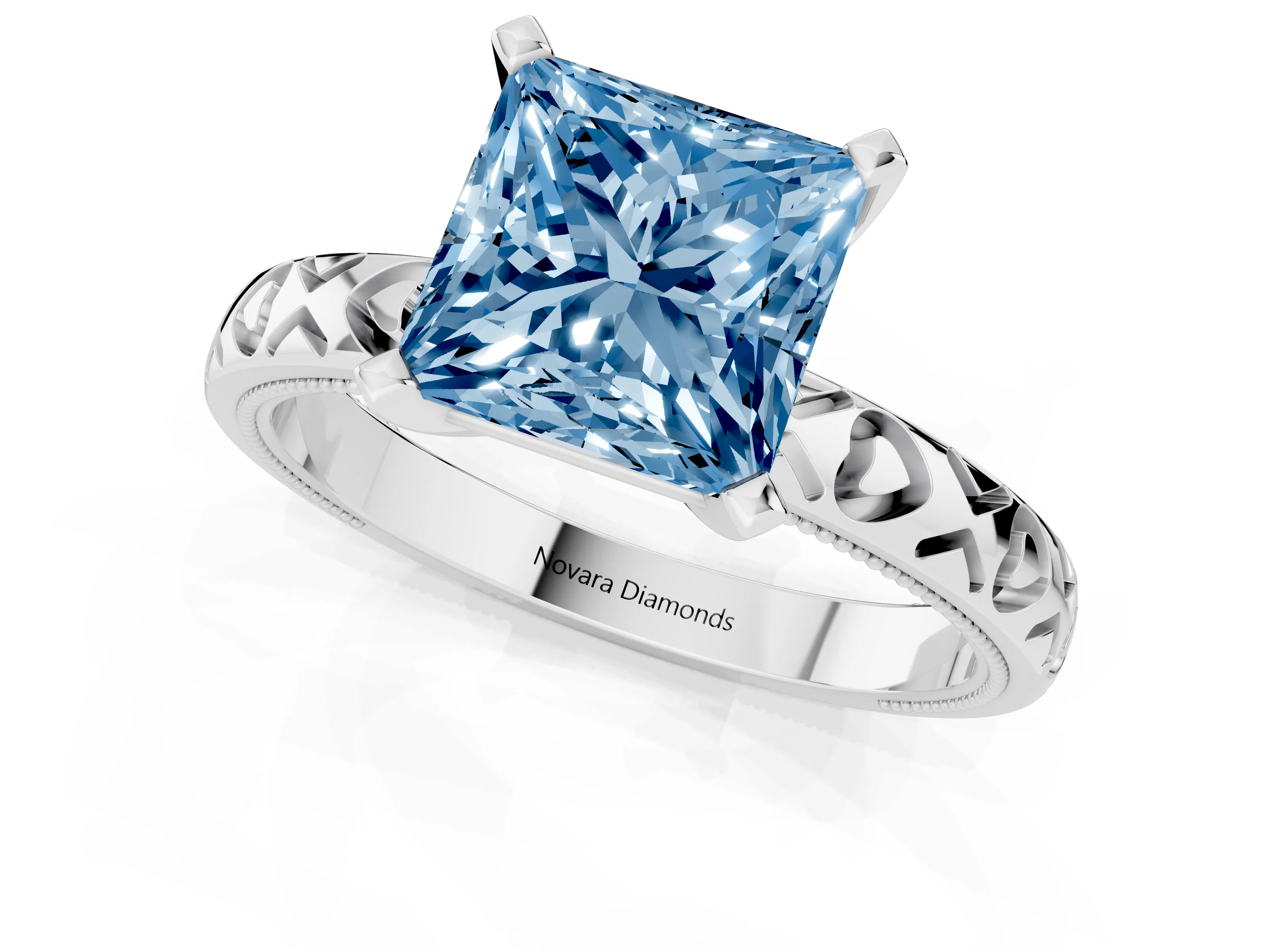 Fancy Blue Princess Cut Diamond Solitaire Engagement Ring Set in Platinum with XO Engraved Band and Prong Setting