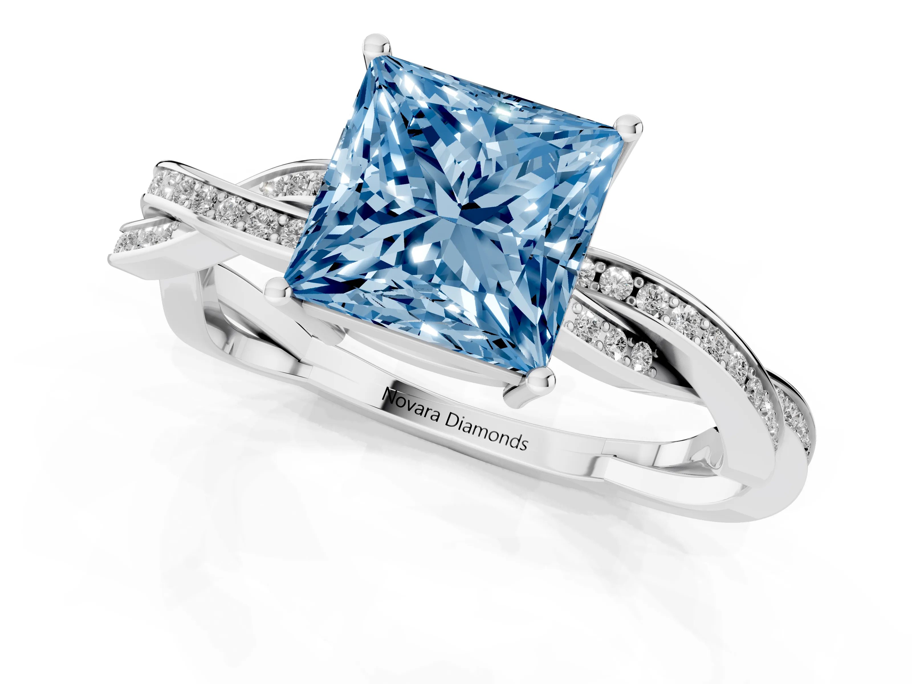 Fancy Blue Princess Cut Diamond Solitaire Twisted Pavé Ring Set in Silver with Prong Setting