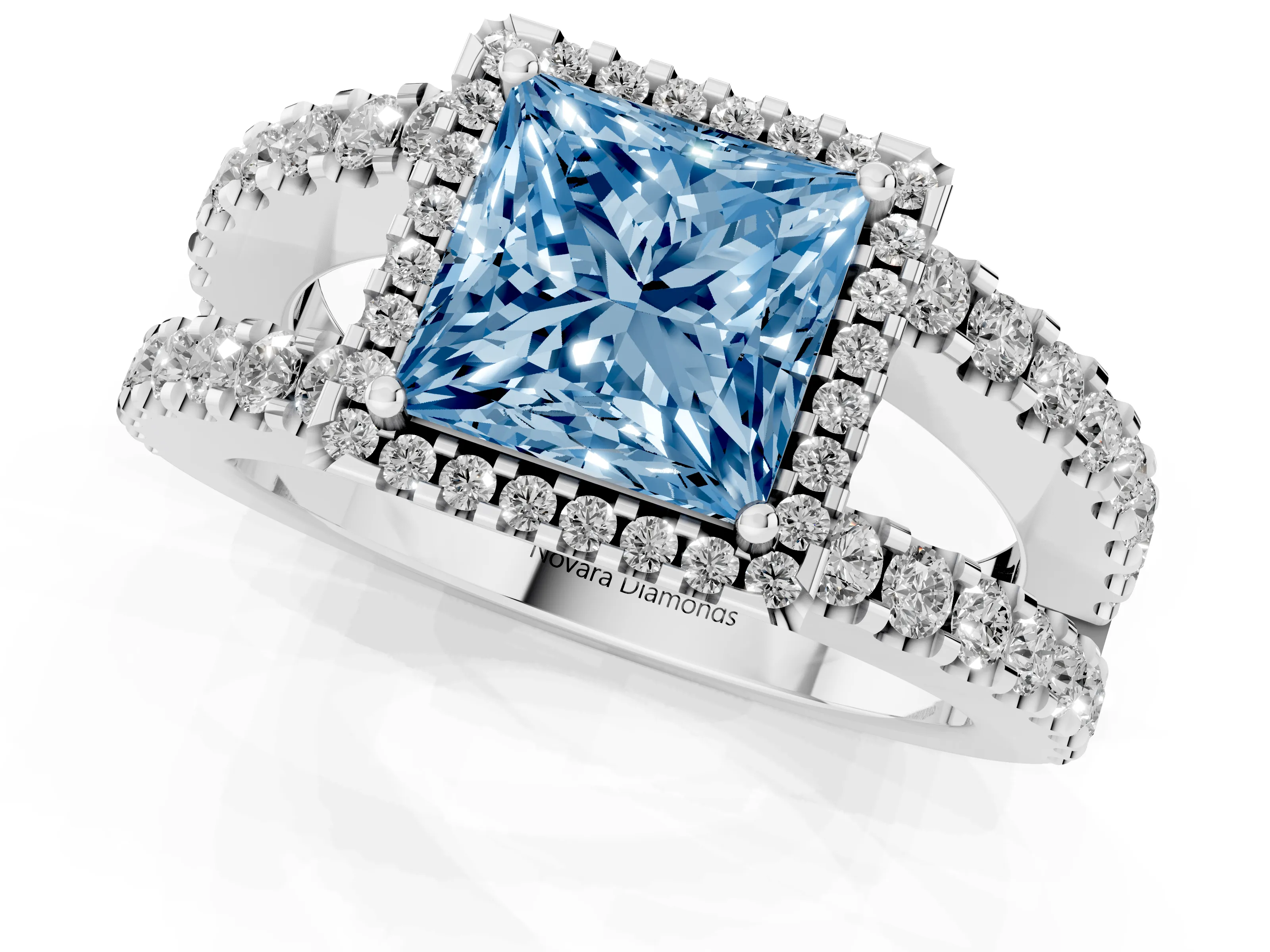 Fancy Blue Princess Cut Diamond Halo Ring Set in White gold with Pavé Split Shank and Prong Setting