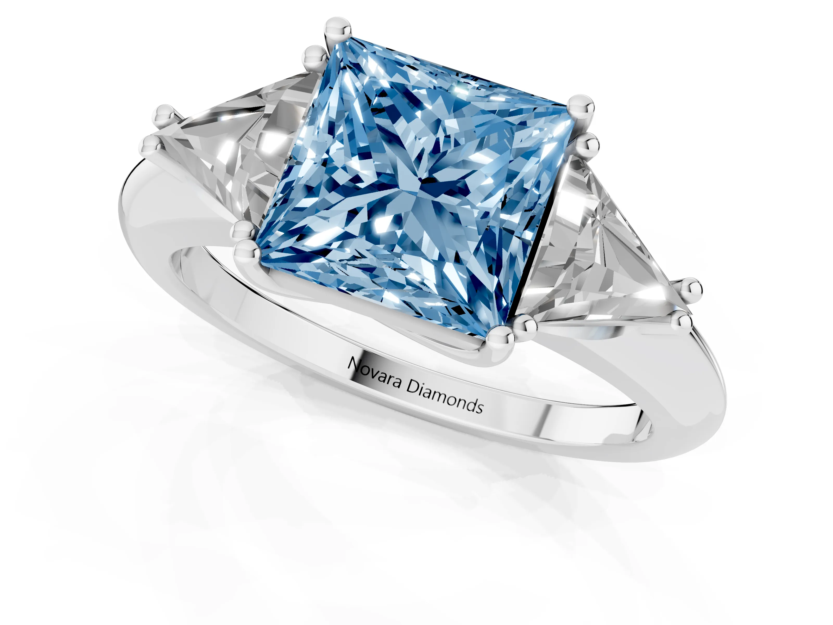 Fancy Blue Princess Cut Diamond Three-Stone Engagement Ring Set in Silver with Trillion Side Stones