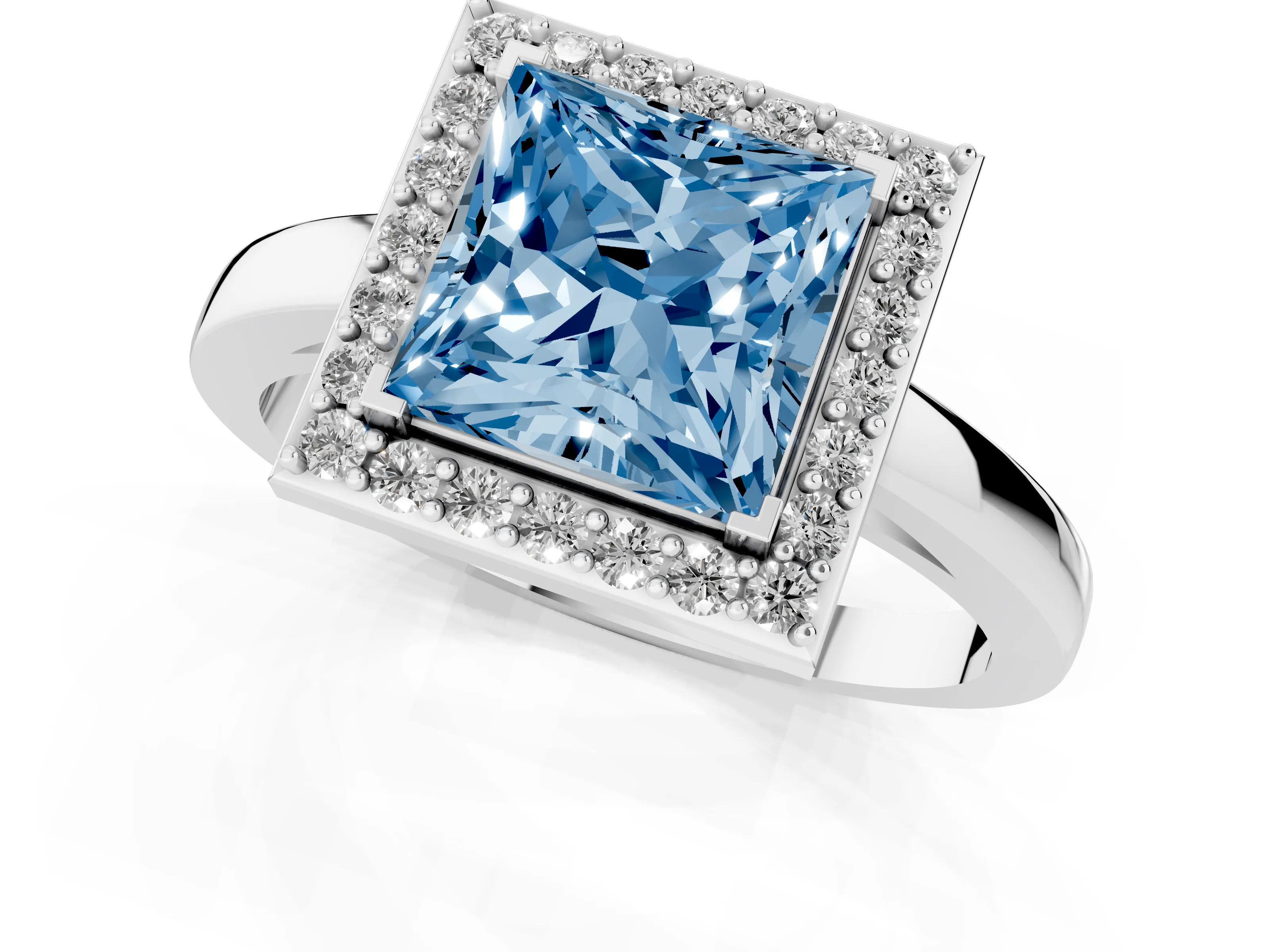 Fancy Blue Princess Cut Diamond Halo Ring Set in Platinum with Solitaire Band and Prong Setting
