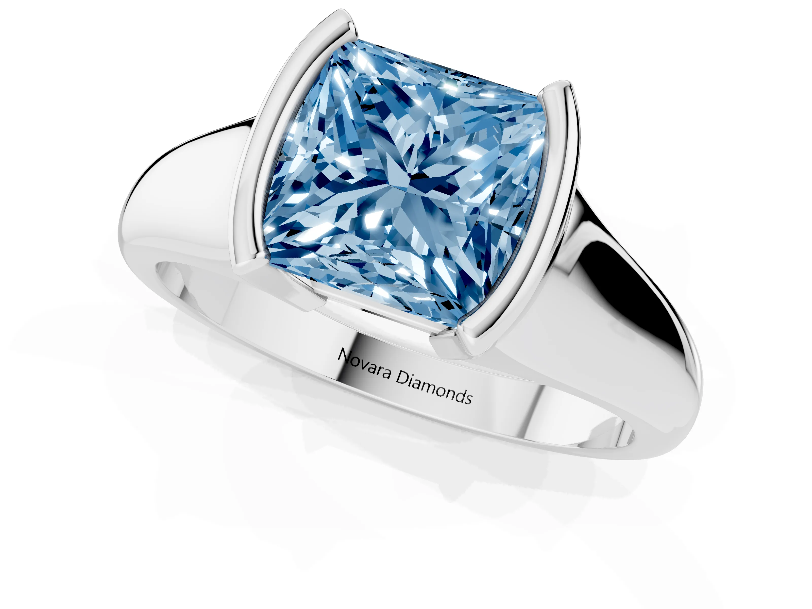 Fancy Blue Princess Cut Diamond Solitaire Tension Set Ring Set in White gold with Split Shank Band