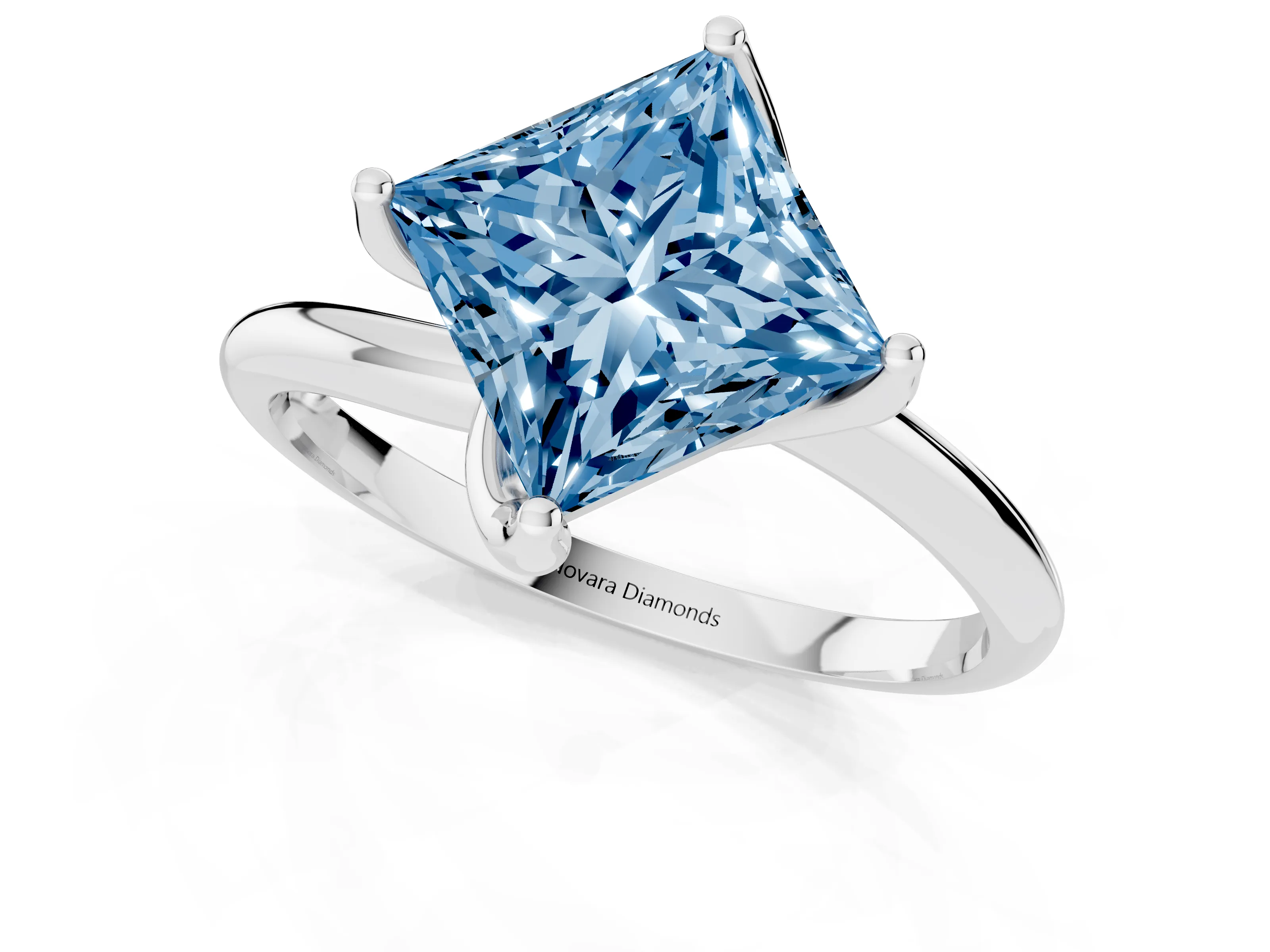 Fancy Blue Princess Cut Diamond Solitaire Engagement Ring Set in Silver with Classic Plain Band
