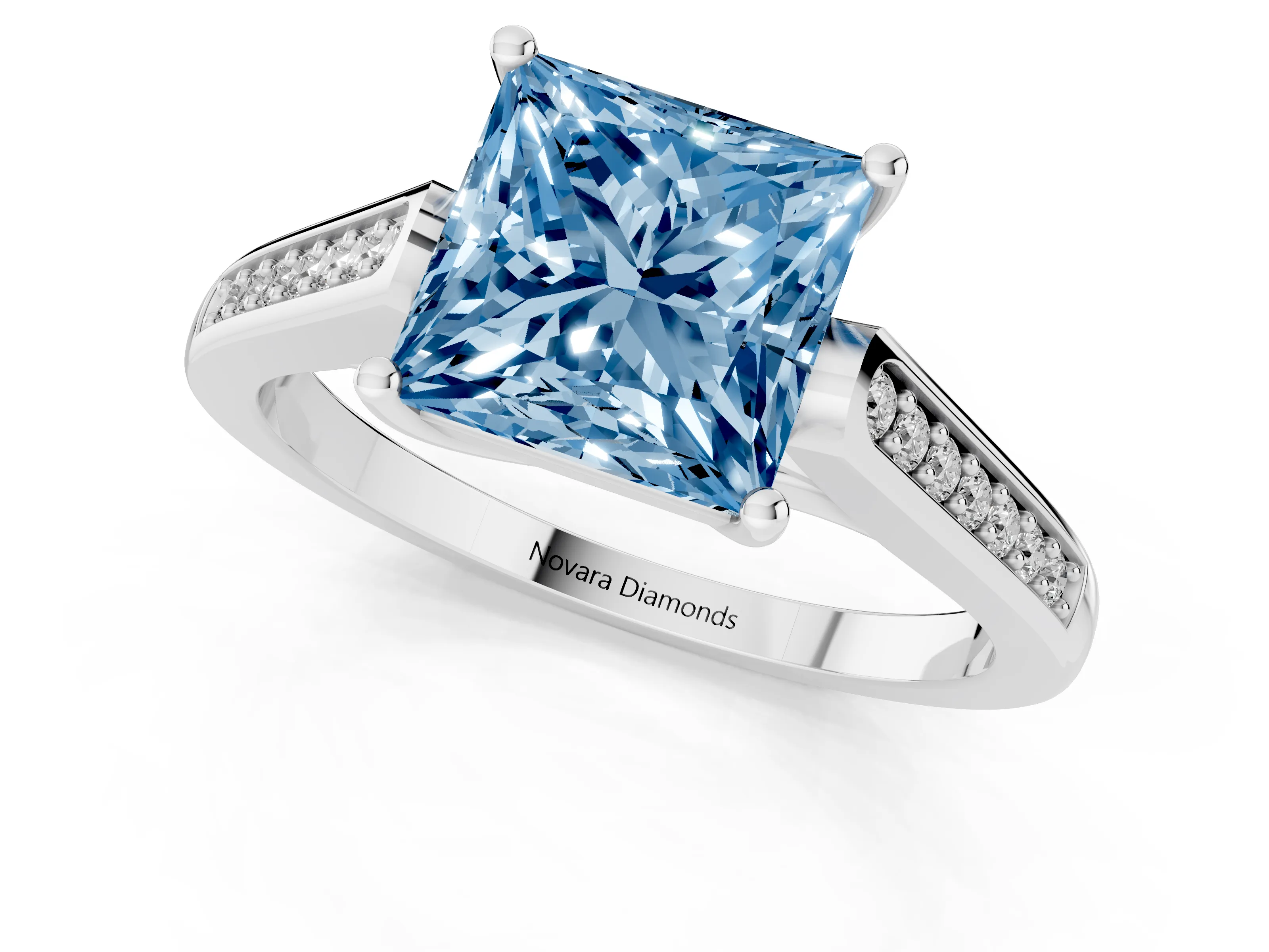 Fancy Blue Princess Cut Diamond Solitaire Cathedral Engagement Ring Set in White gold with Channel-Set Band and Prong Setting
