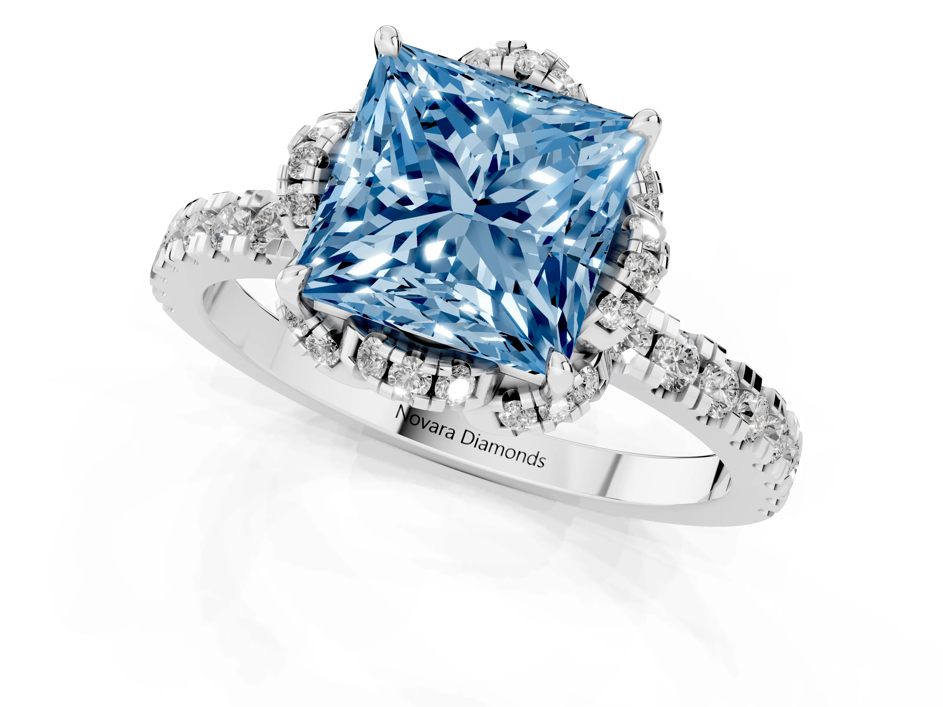 Fancy Blue Princess Cut Diamond Halo Pavé Band Ring Set in Platinum with Prong-Held Center