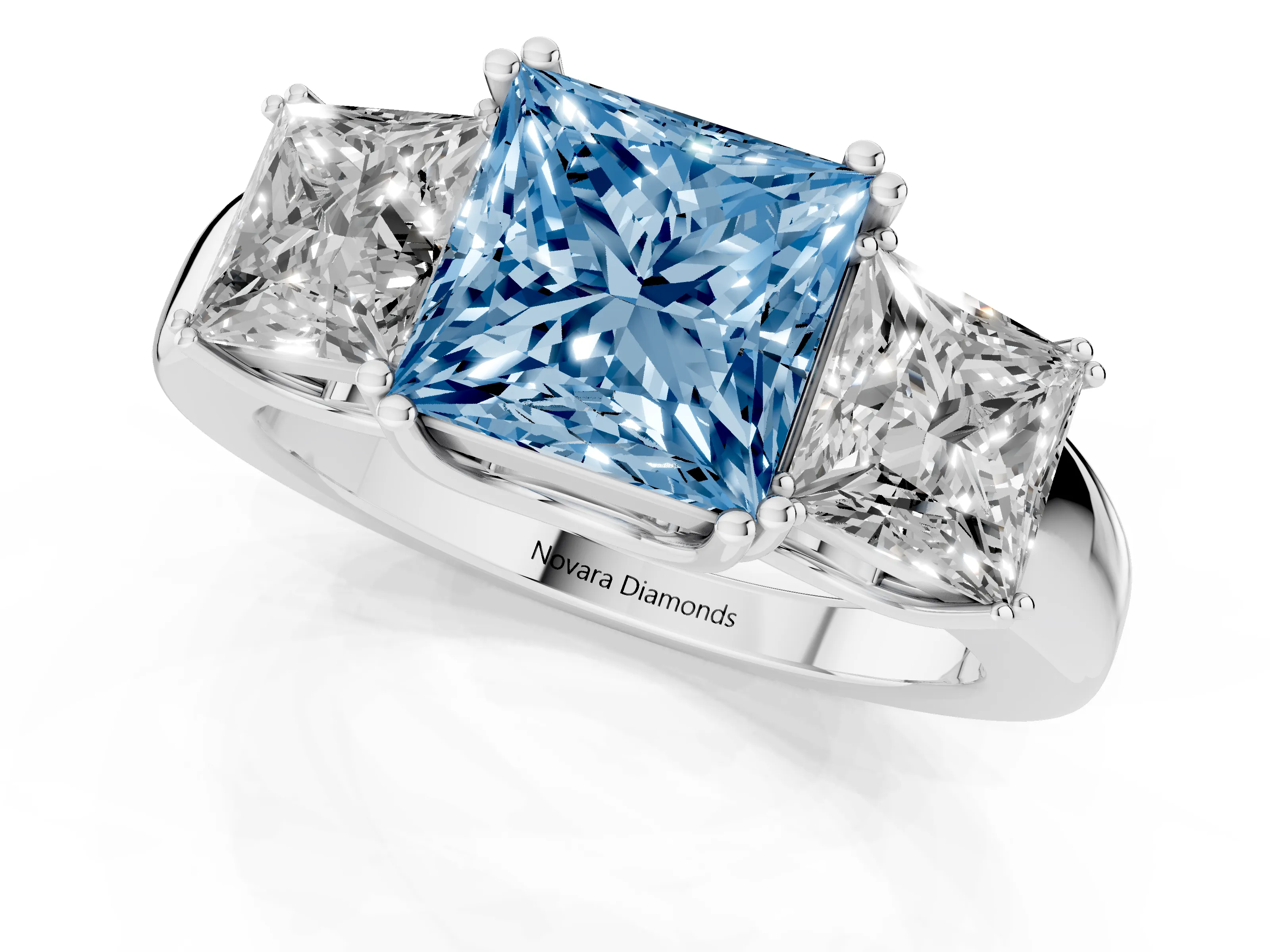 Fancy Blue Princess Cut Diamond Three-Stone Ring Set in Platinum with Polished Channel-Set Band