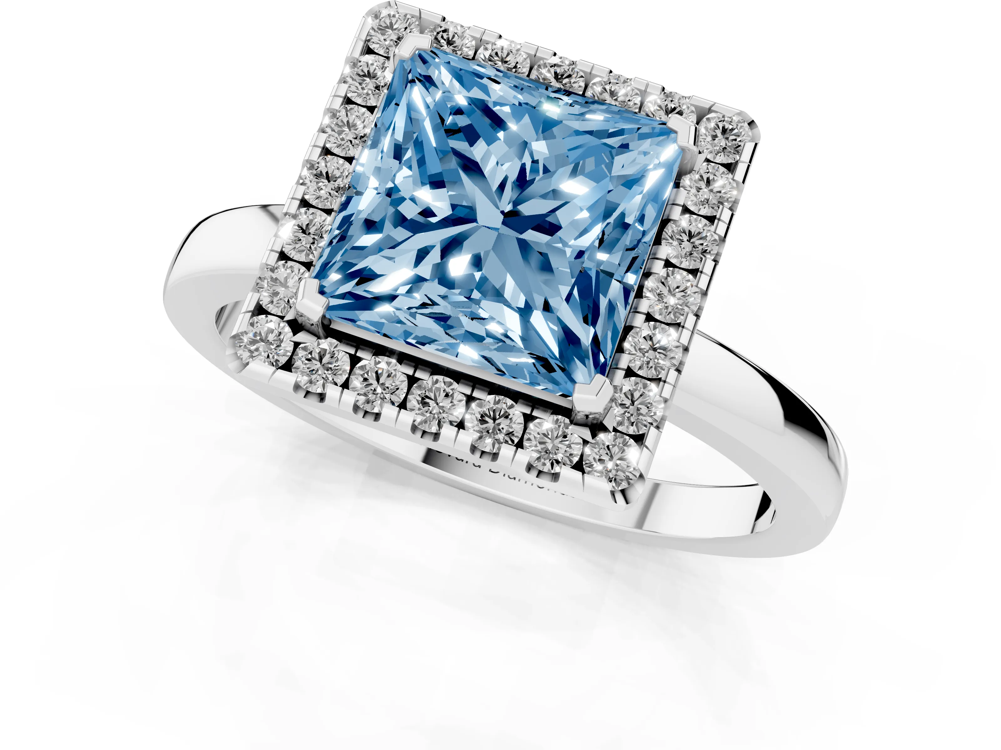 Fancy Blue Princess Cut Diamond Halo Solitaire Ring Set in White gold with Pavé Band and Prong Setting