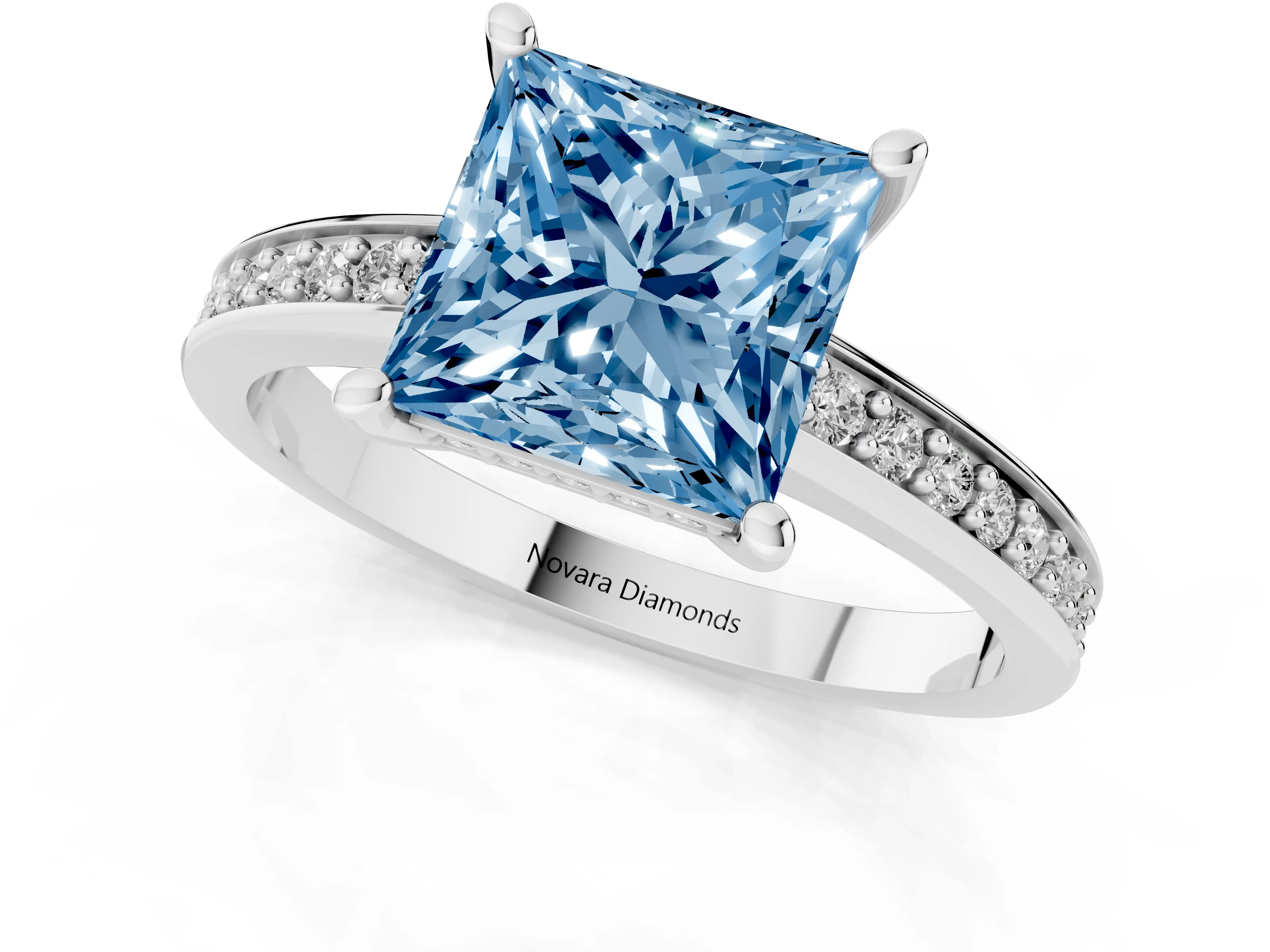 Fancy Blue Princess Cut Diamond Pavé Band Prong Set Solitaire Ring Set in Silver